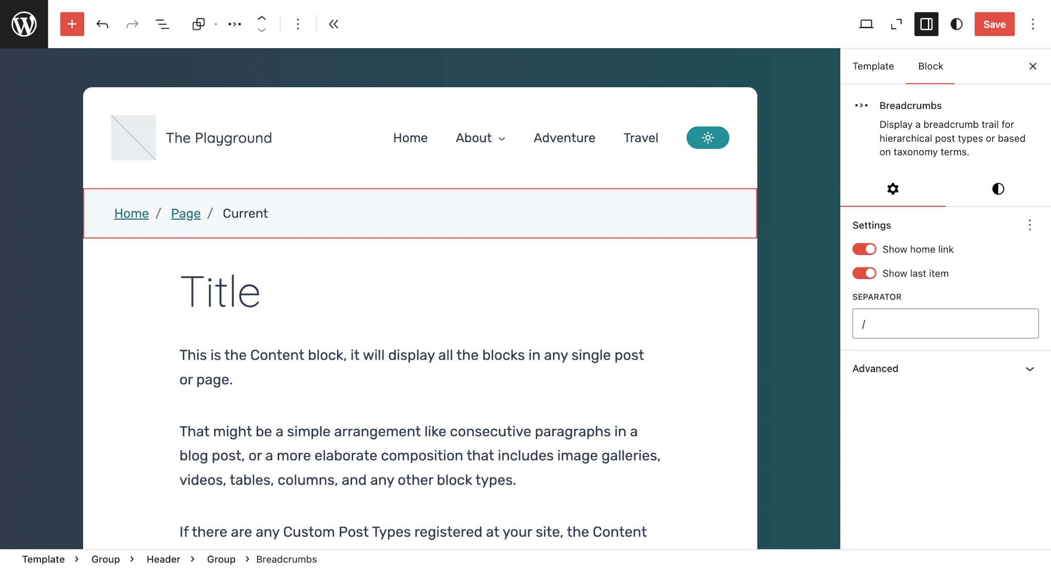 WordPress 站点编辑器显示单个页面视图。实验性面包屑区块被高亮显示，其选项显示在侧边栏面板中。