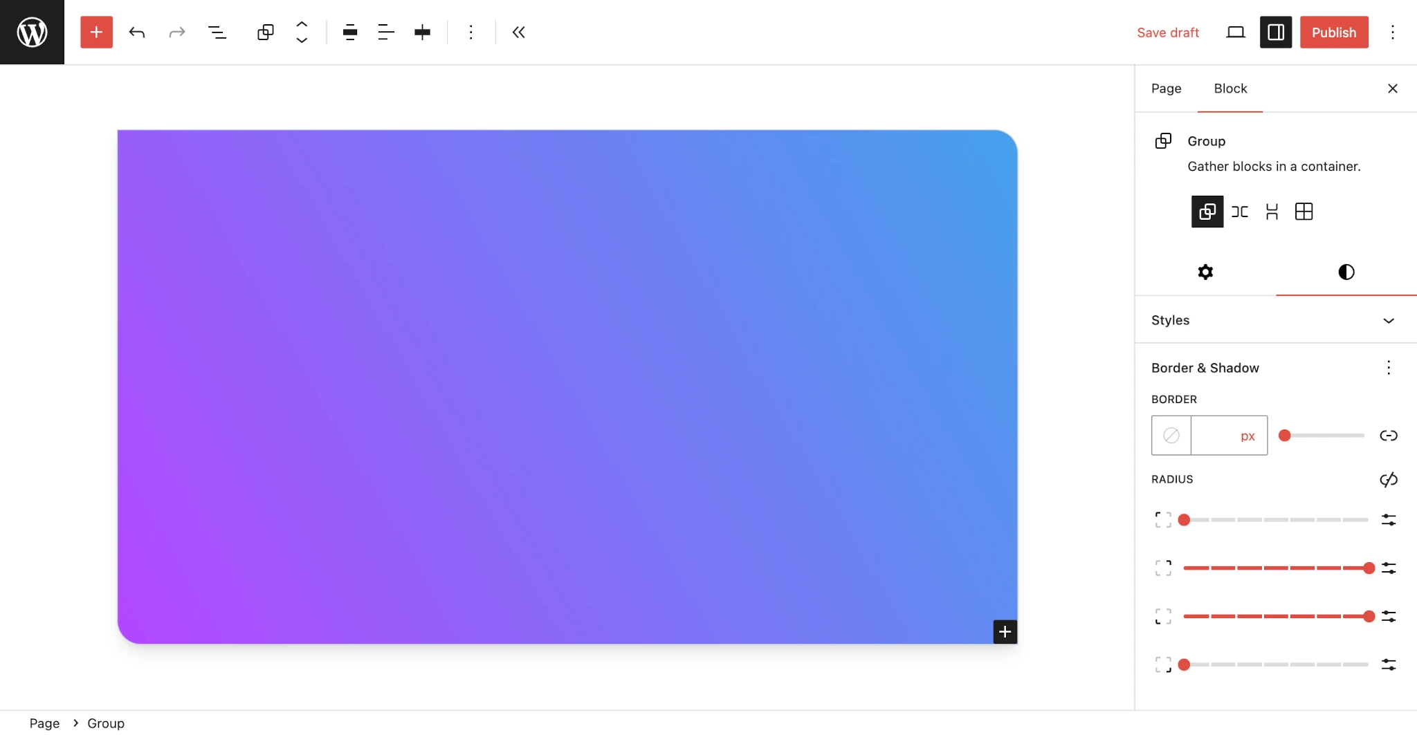 WordPress 文章编辑器，其中有一个具有渐变背景的 Group 区块。它的右上角和左下角是圆角，其他角是直角。