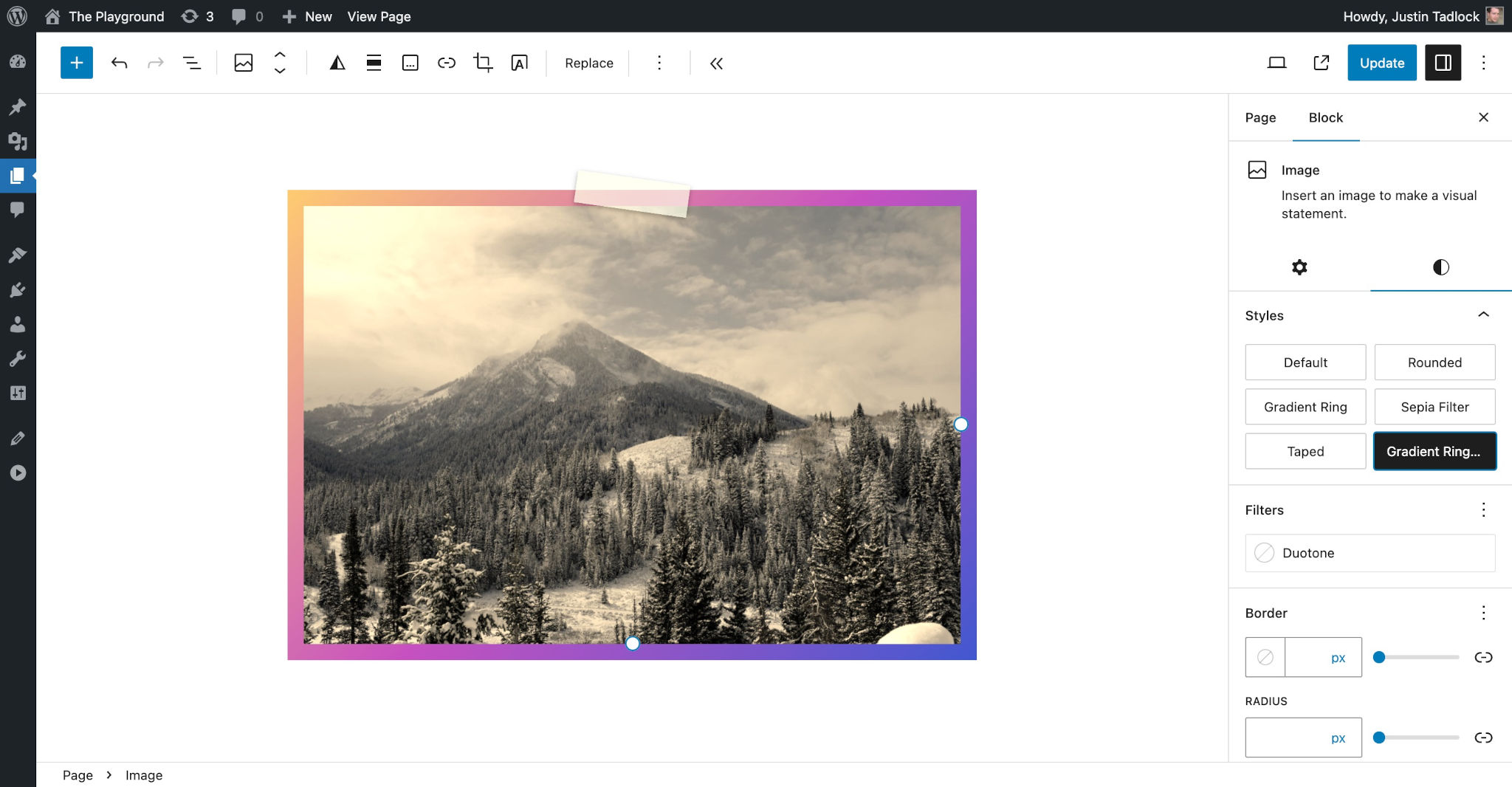 WordPress 文章编辑器内容画布中包含一幅山脉图片。图片顶部有一块胶带，使其看起来像是贴在墙上。图片带有棕色色调。