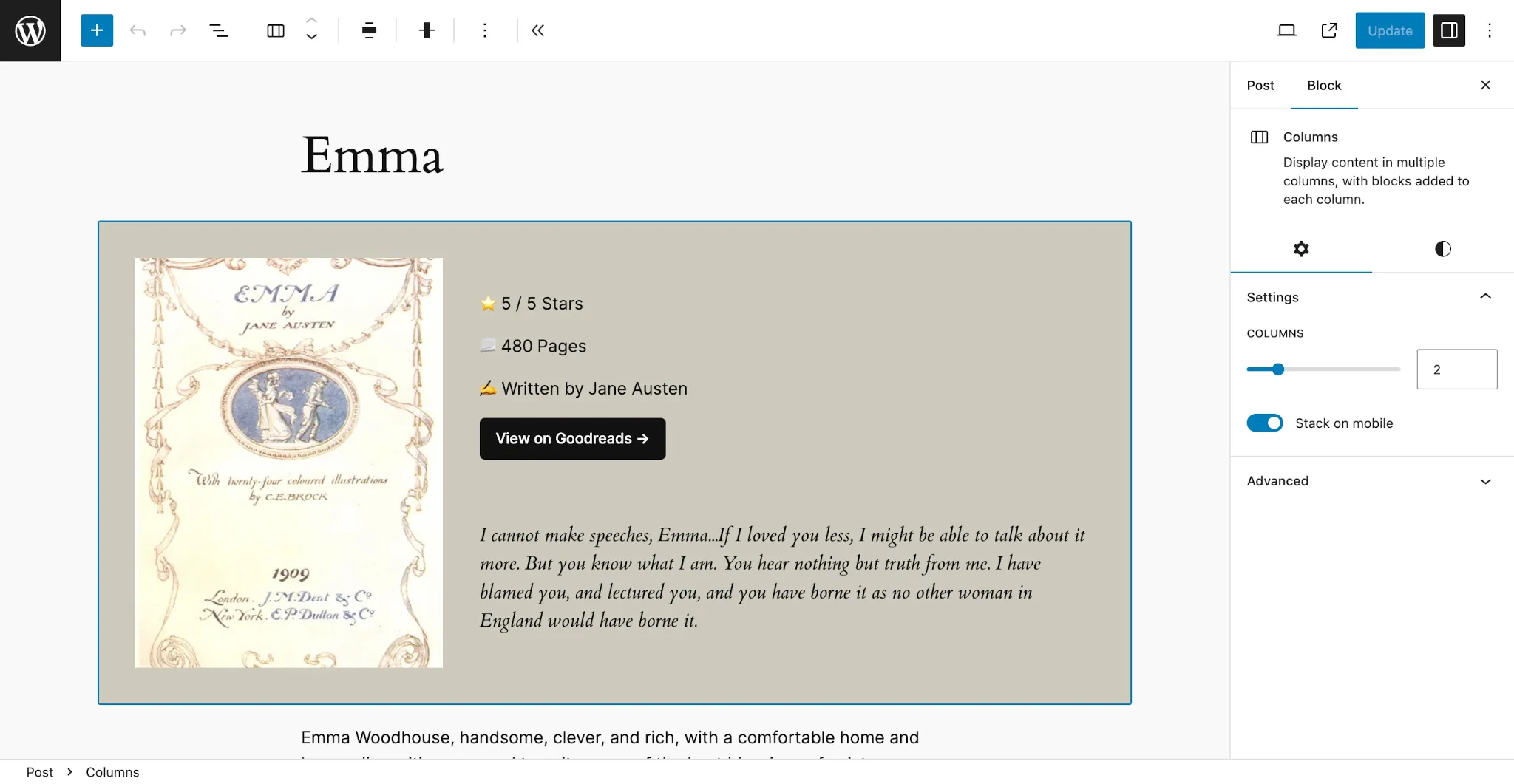 WordPress 文章编辑器，显示书籍《Emma》的“卡片”设计。它包括书籍封面图片、评分、页数、作者、Goodreads 链接和书籍引文。