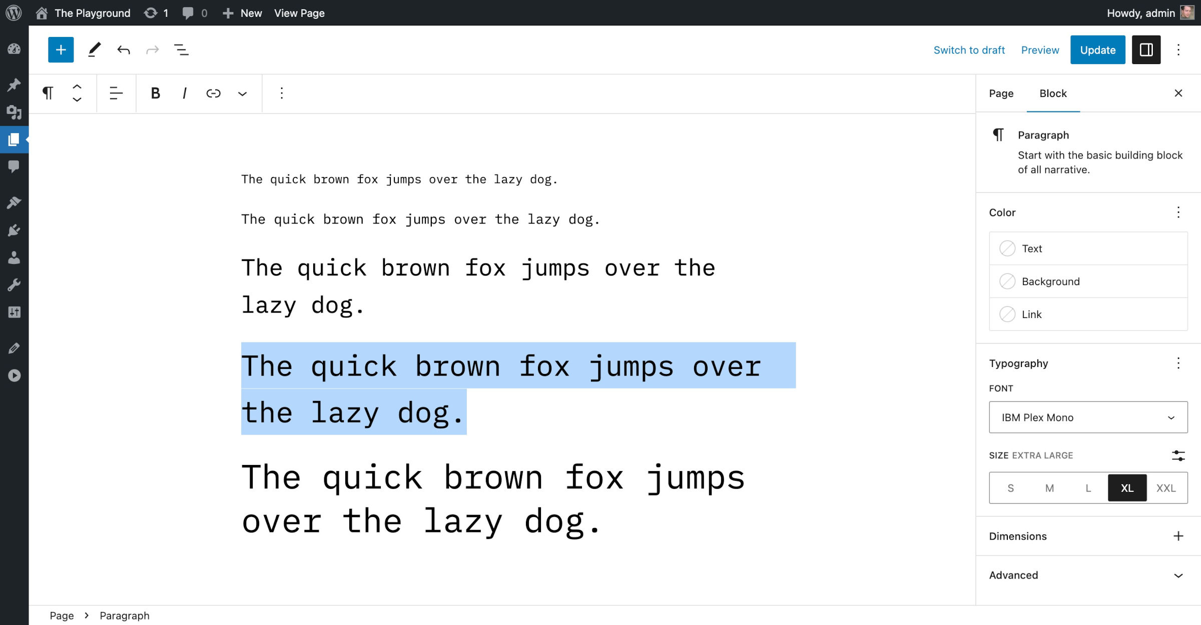 WordPress 文章编辑器，其中重复了五遍“The quick brown fox jumps over the lazy dog”文本，字体大小各不相同。