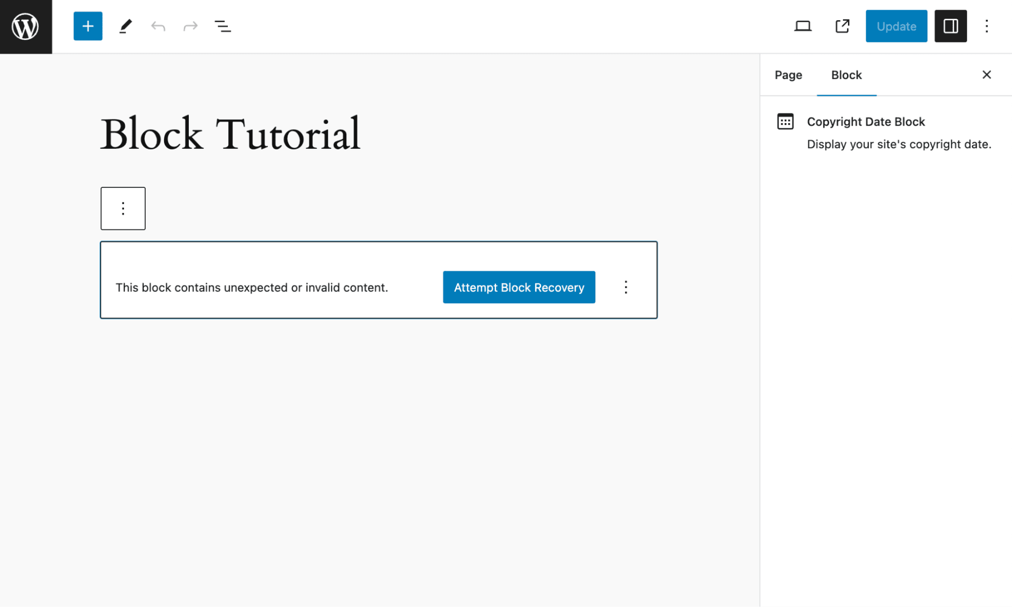 A block validation error message in the Editor