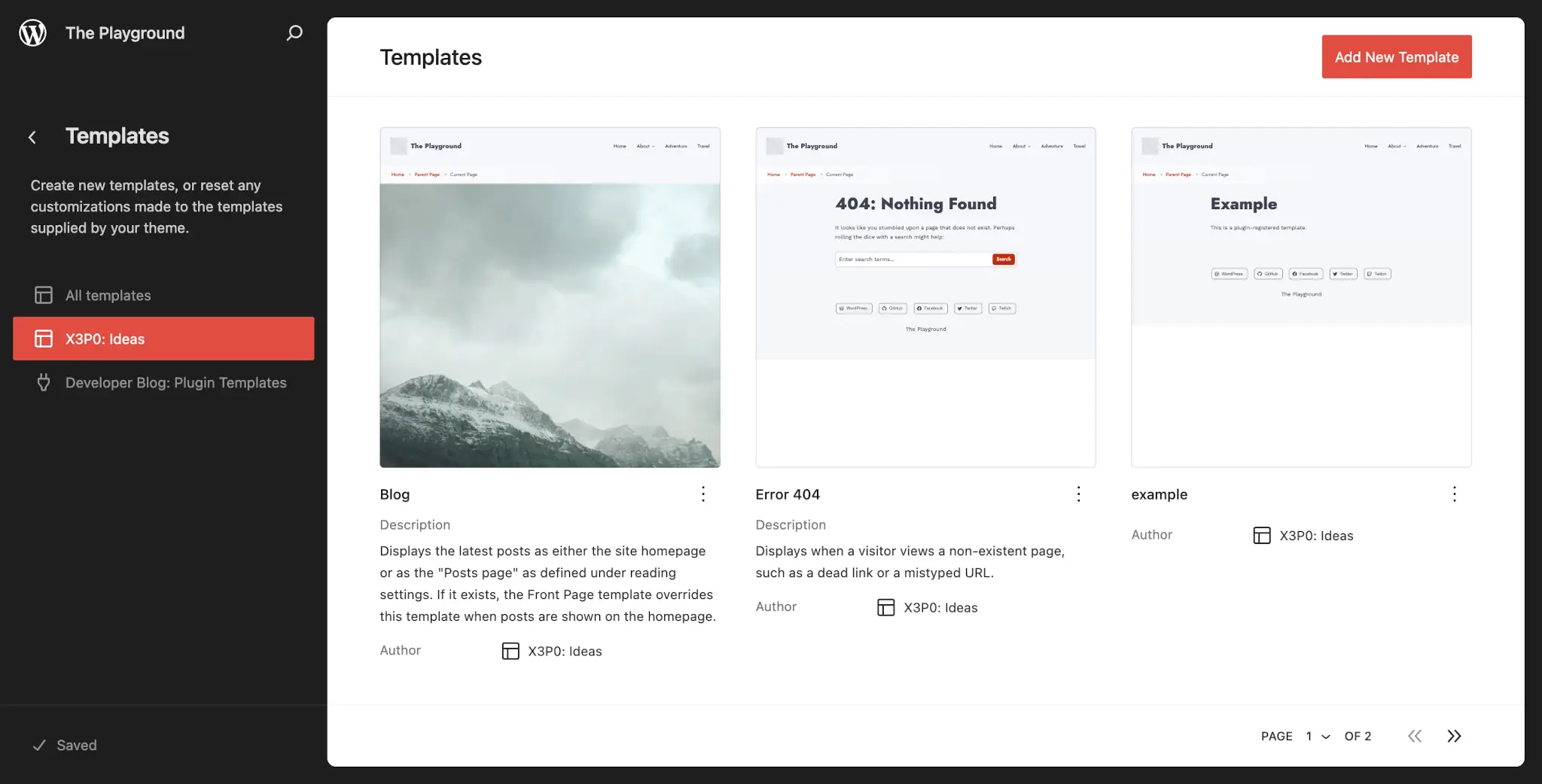 WordPress 站点编辑器中的模板屏幕。活动主题的模板以三列网格显示。