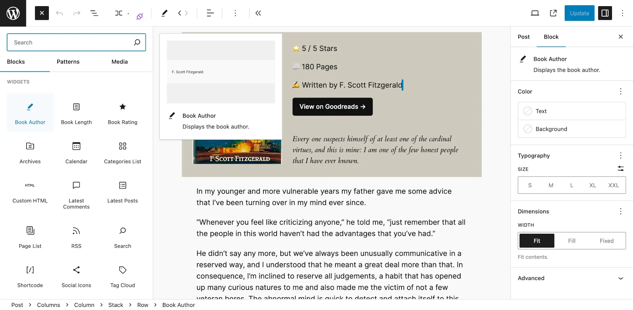 WordPress 文章编辑器，显示了一篇书评文章。左侧，区块插入器面板已打开，并高亮了“书籍作者”区块变体。