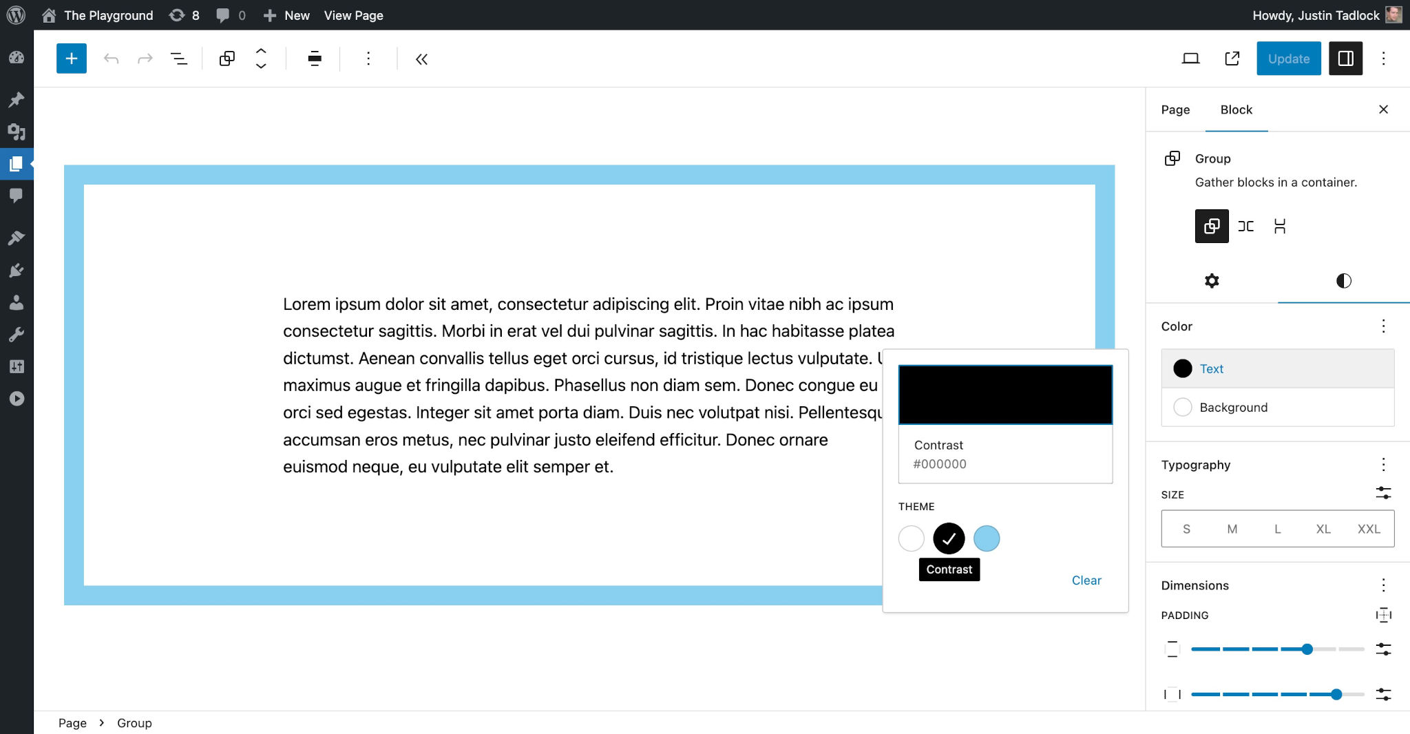 WordPress post editor showing a Group block around a Paragraph. The Group has a thick blue border and black text selected.
