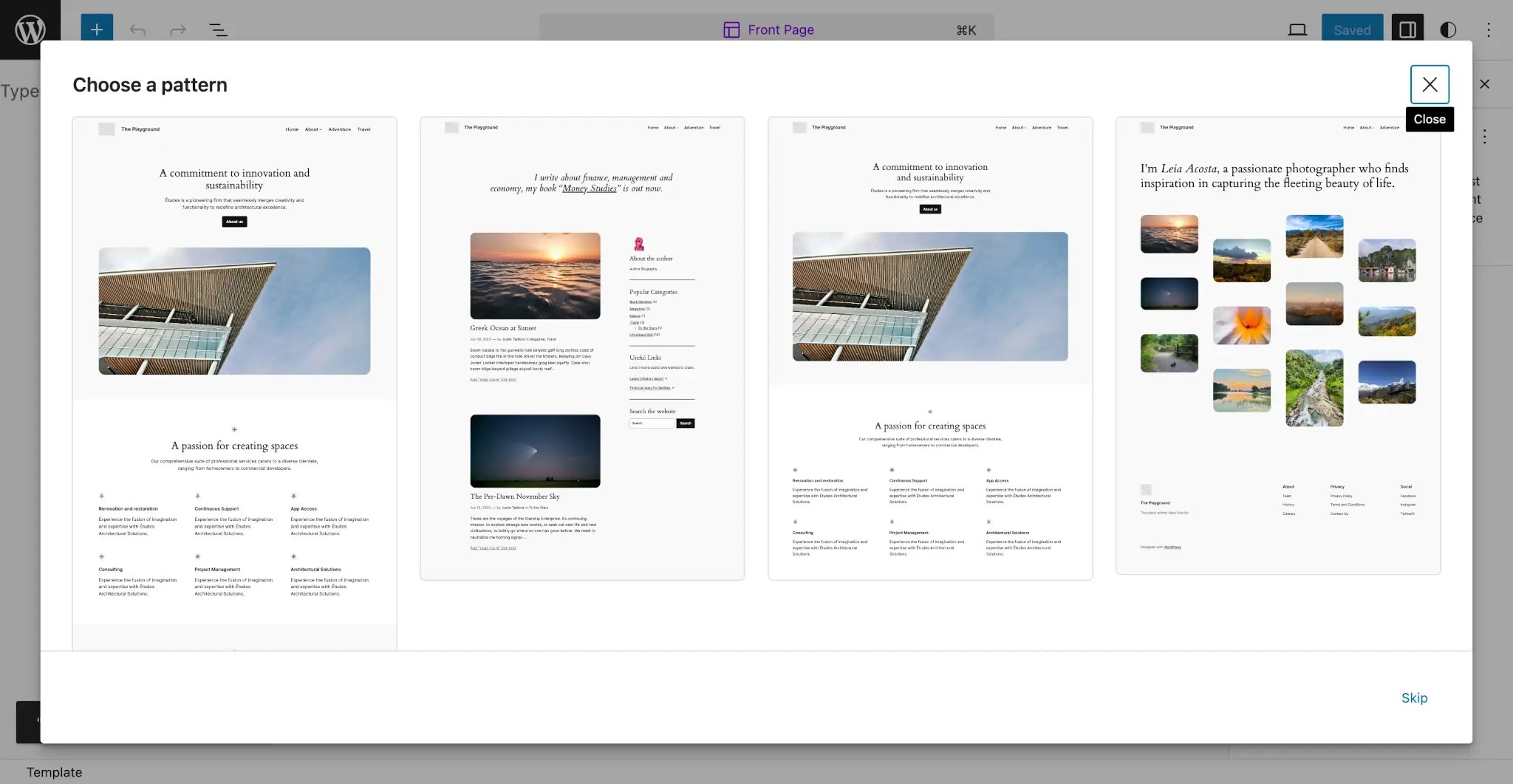 A modal overlay showing four template options for the homepage from within the WordPress site editor.