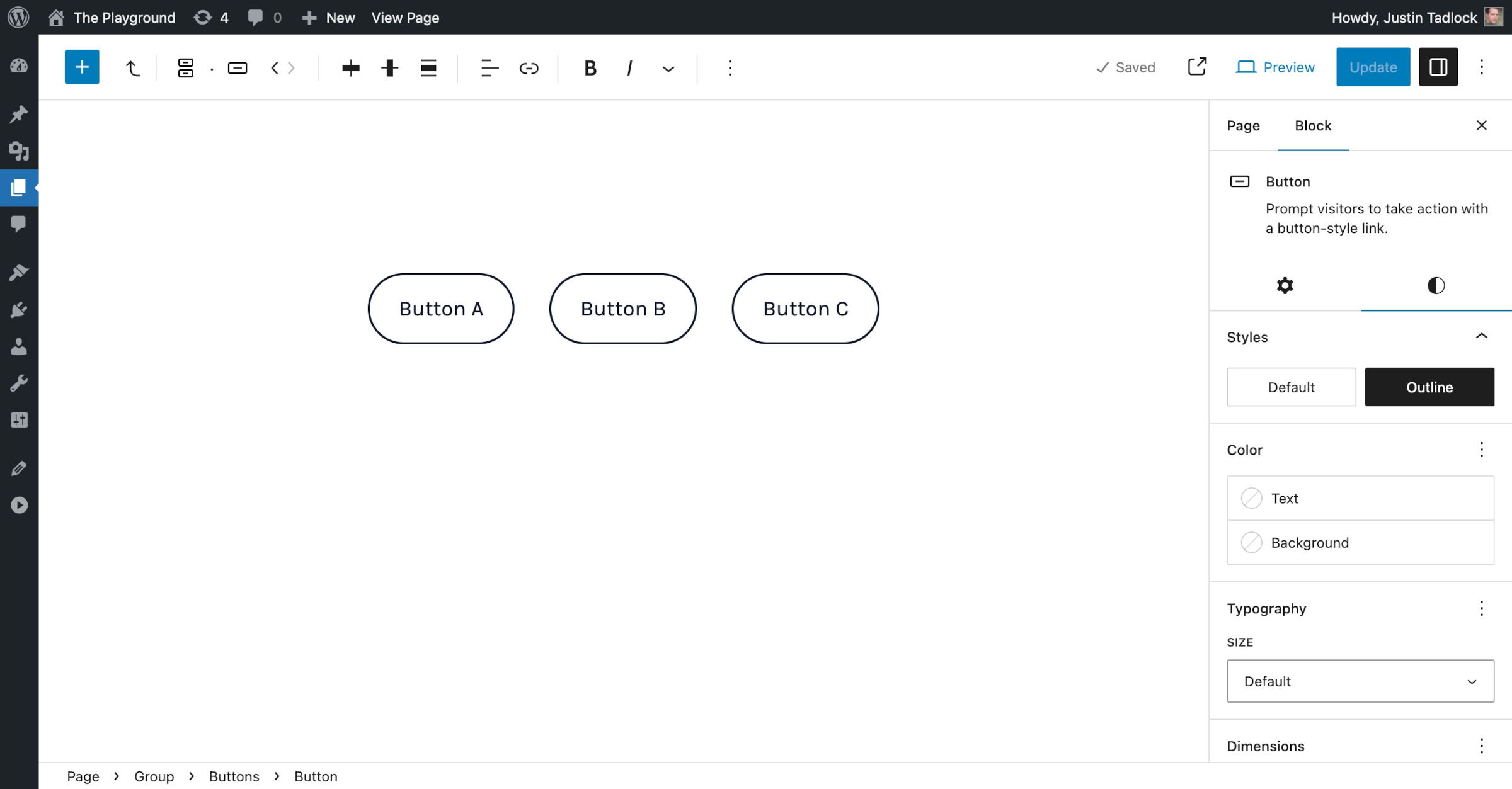 WordPress 文章编辑器，显示三个具有较大内边距和圆角的按钮。