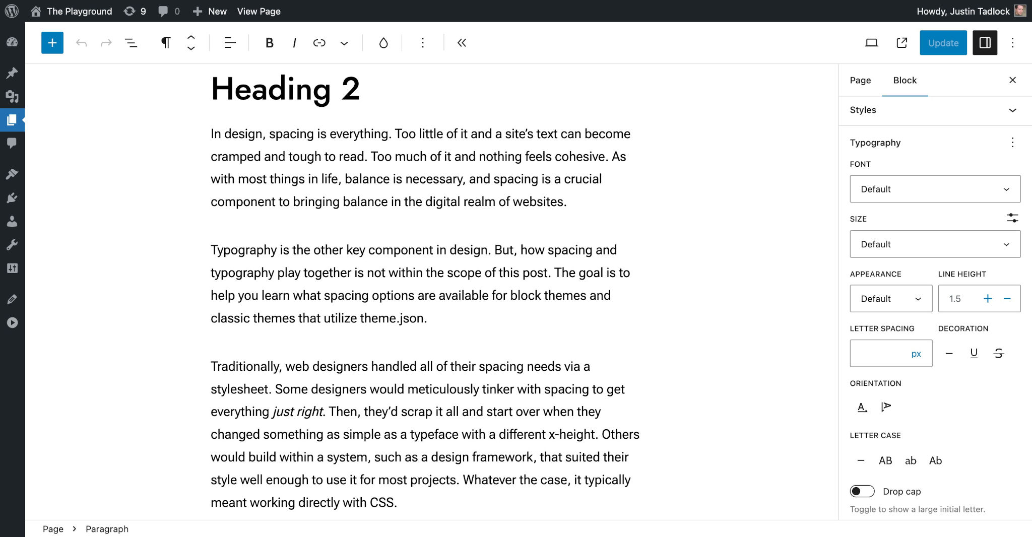 WordPress post editor with a Heading and multiple Paragraph blocks inserted. In the right sidebar, nearly every typography option is shown.