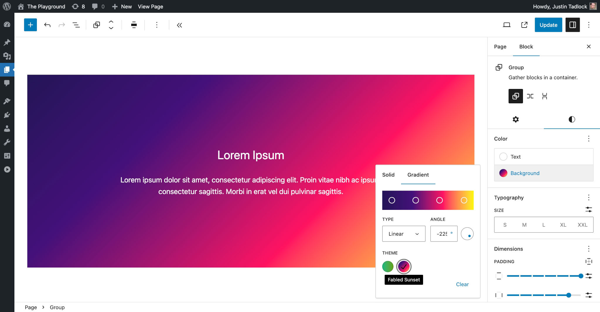WordPress post editor with a Group block that has a Purple to Yellow gradient background.