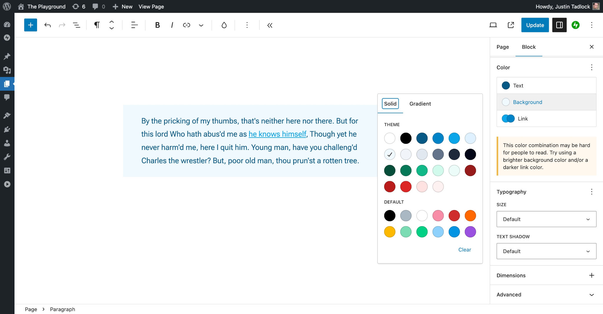 WordPress post editor with a Paragraph block that has a blue background. On the right, the Background color picker is open, revealing various color options.