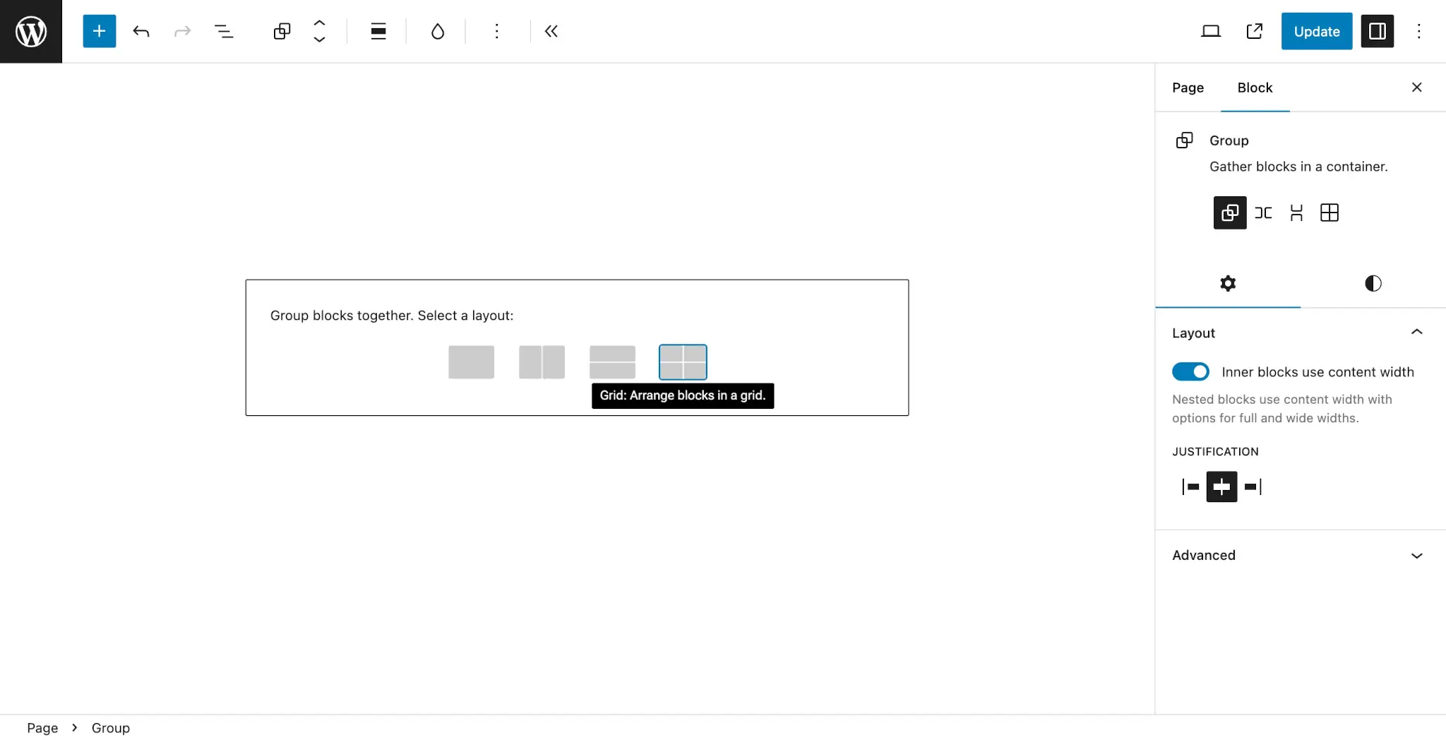 WordPress 区块编辑器，内容画布中有一个新的 Group 块。有一条通知提示用户选择布局。