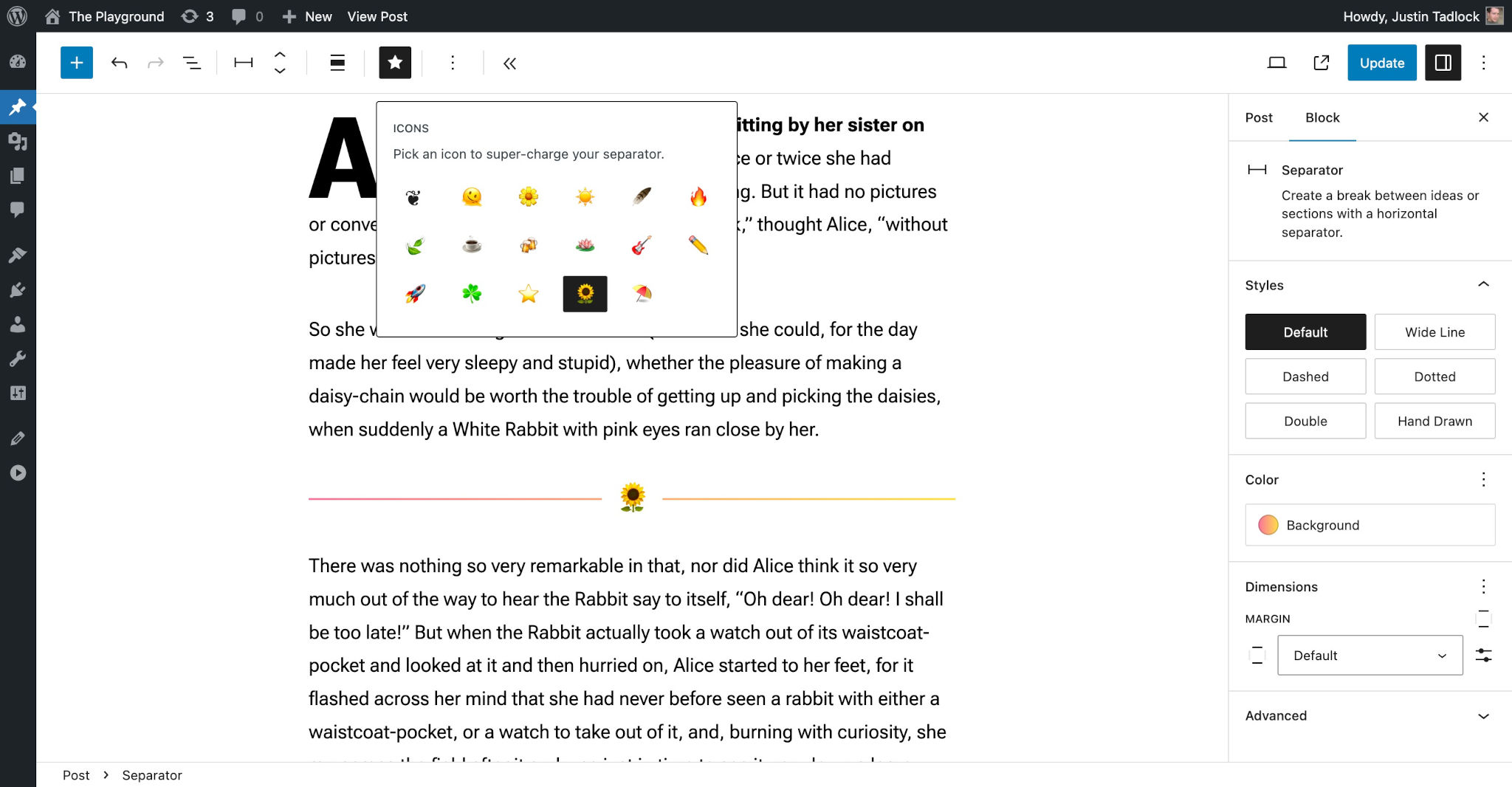 WordPress 文章编辑器，内容画布中选中了一个分隔符区块。工具栏有一个包含各种基于表情符号的图标的下拉列表。