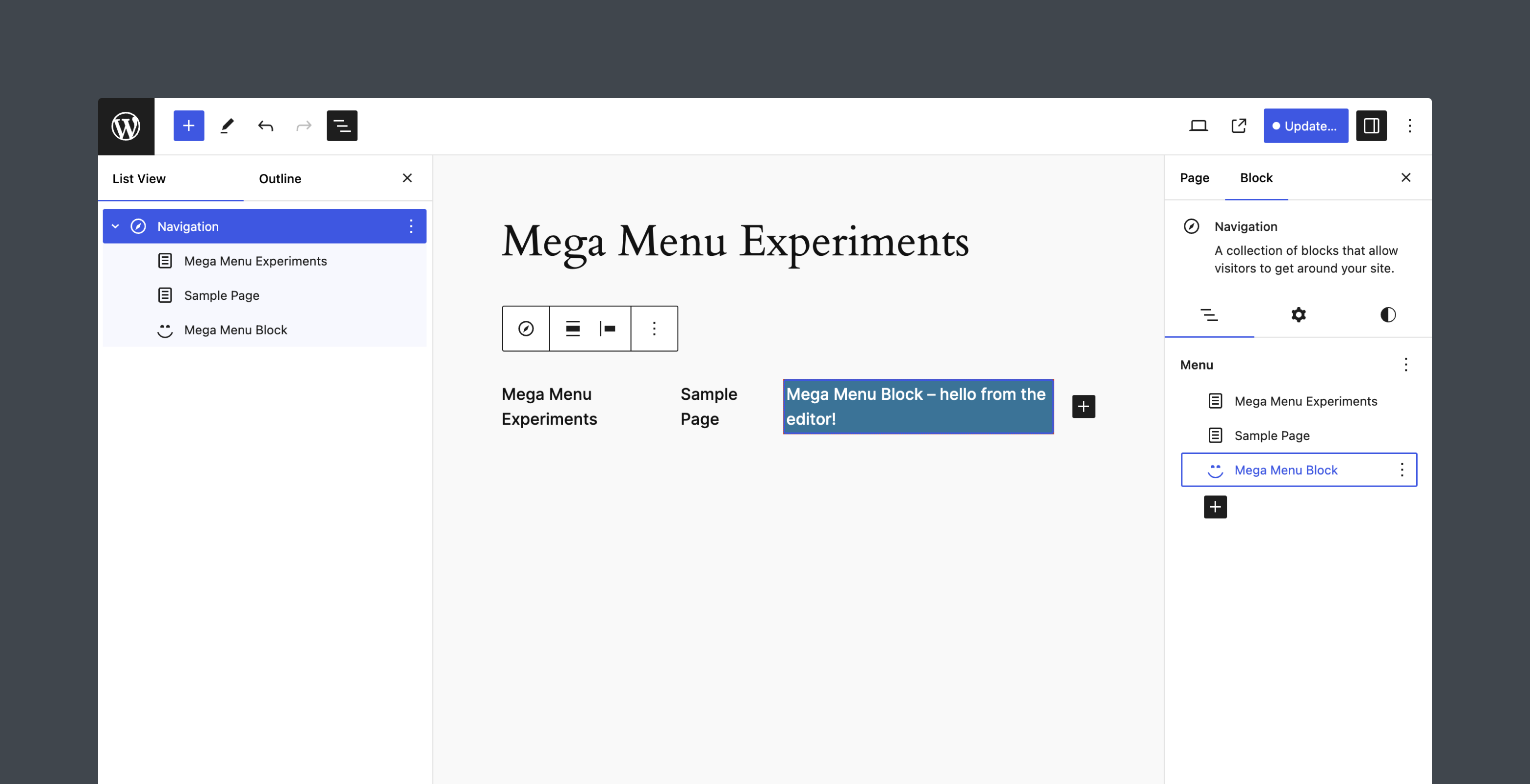 Mega Menu Block 现在可以添加到导航区块中。