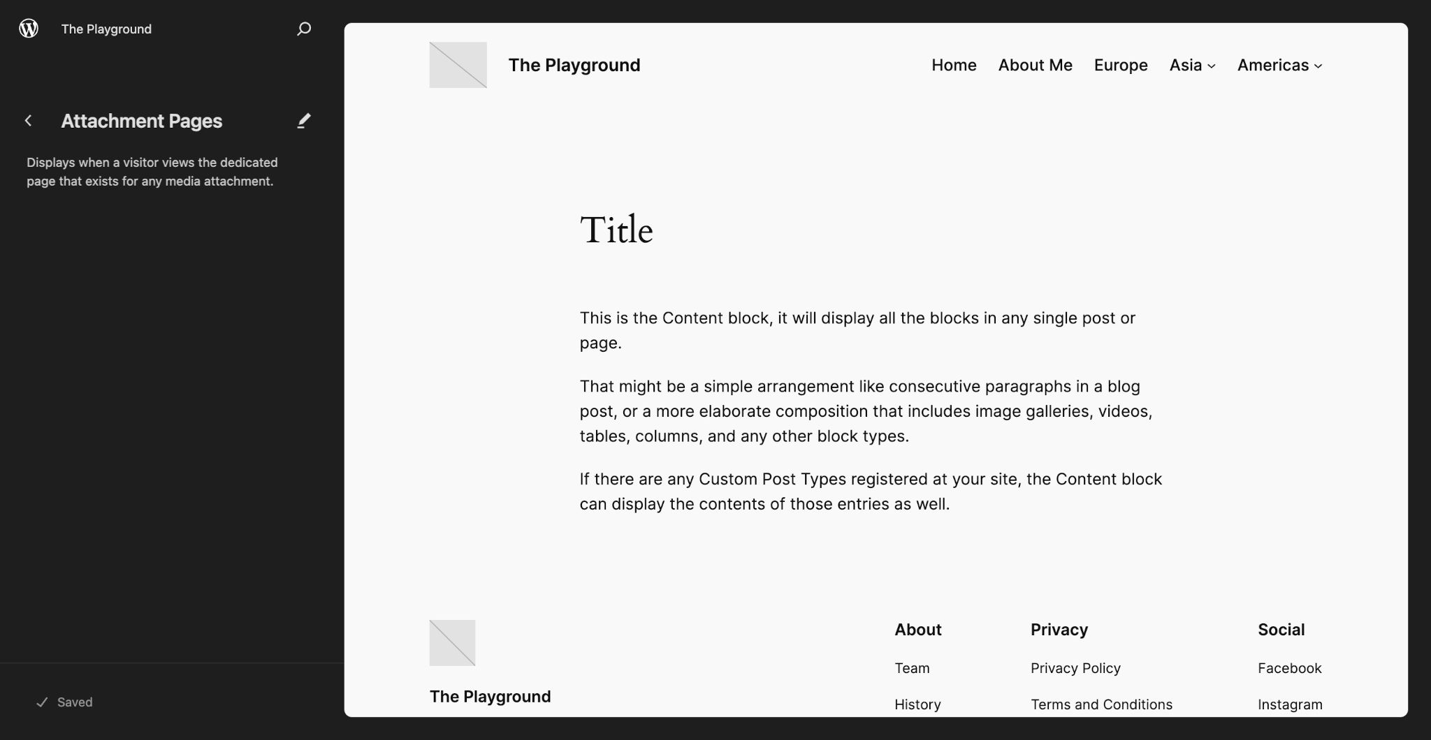 WordPress 站点编辑器显示附件模板。左侧是模板的描述。右侧面板是模板的预览。