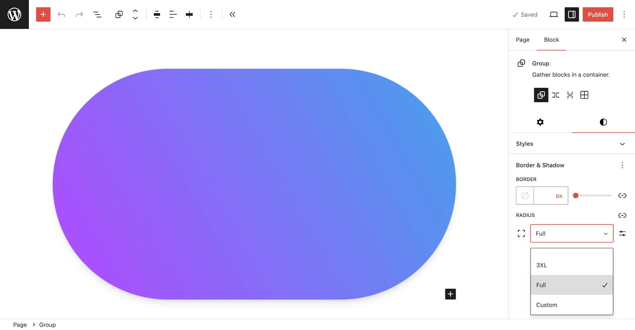 WordPress 文章编辑器，其中有一个具有渐变背景的 Group 区块。它有完全圆角。右侧边栏显示一个尺寸下拉菜单。