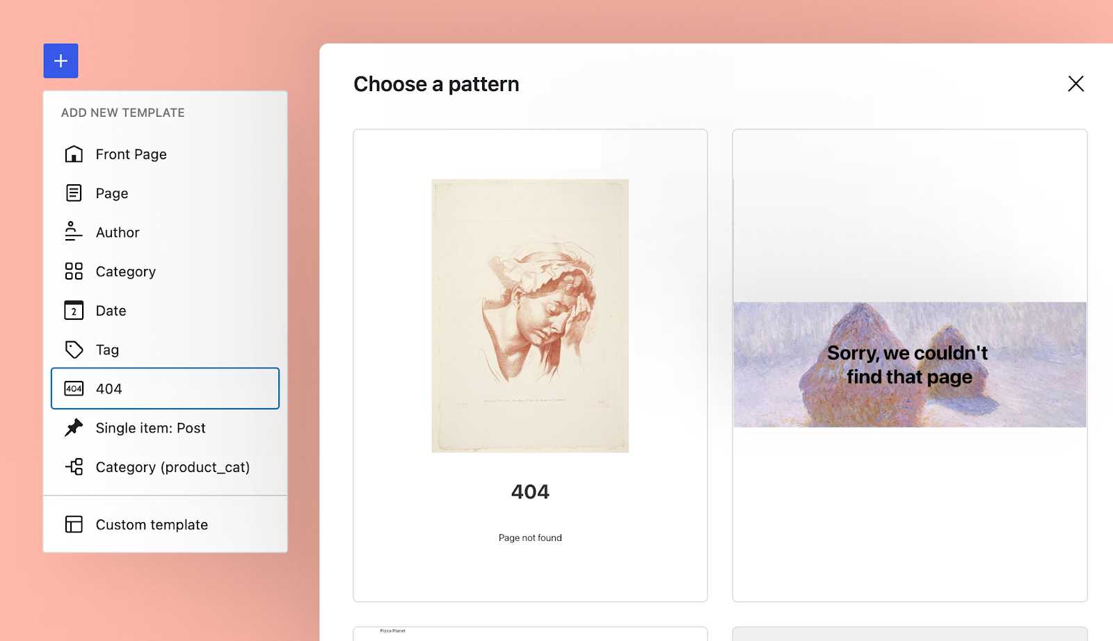 创建新 404 模板时的 WordPress 站点编辑器。显示了一个可供选择的模式网格。