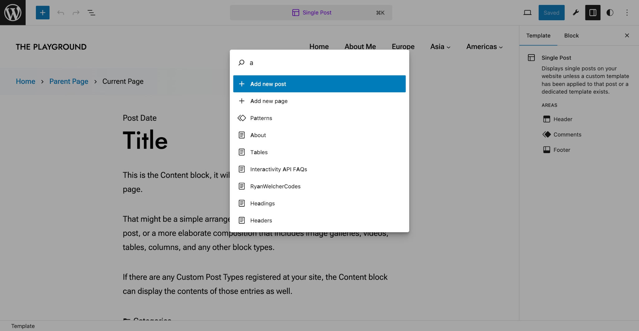 WordPress 站点编辑器，屏幕上覆盖着命令面板模态框。