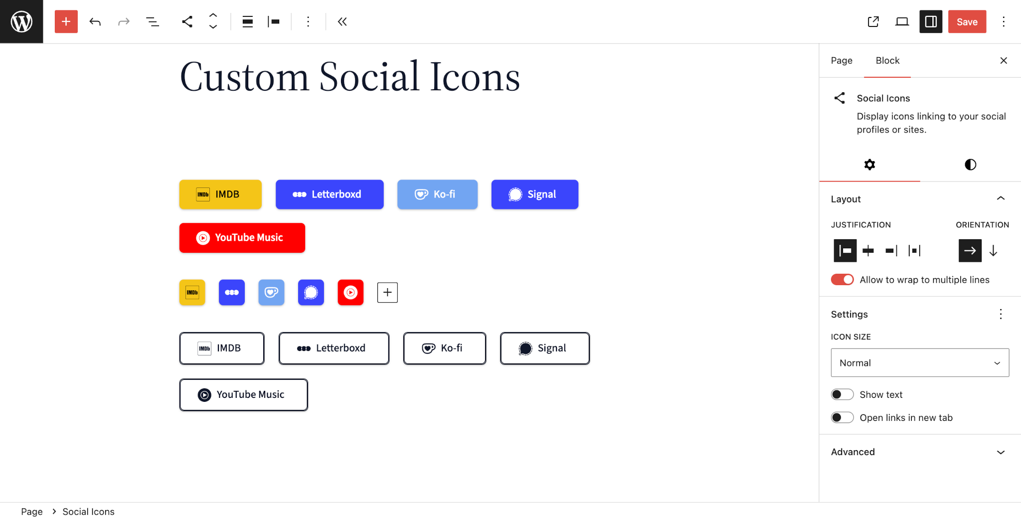 WordPress 文章编辑器,内容画布中显示了多个社交图标块。这些块展示了插件注册的非标准社交服务,如 IMDB、Letterboxd、Ko-fi 和 Signal。