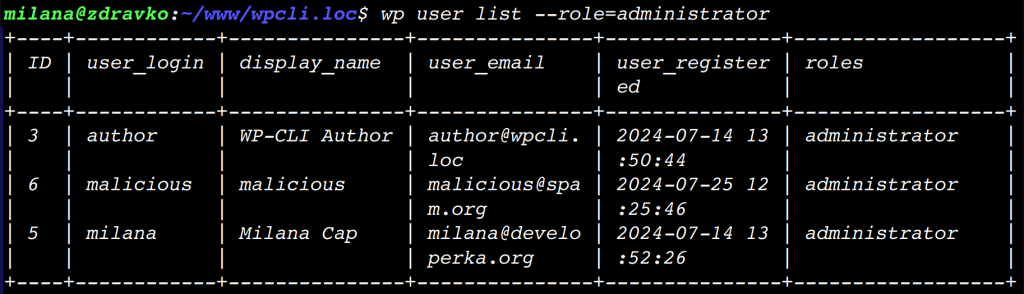 列出所有具有管理员角色的用户的 WP-CLI 命令输出的表格。