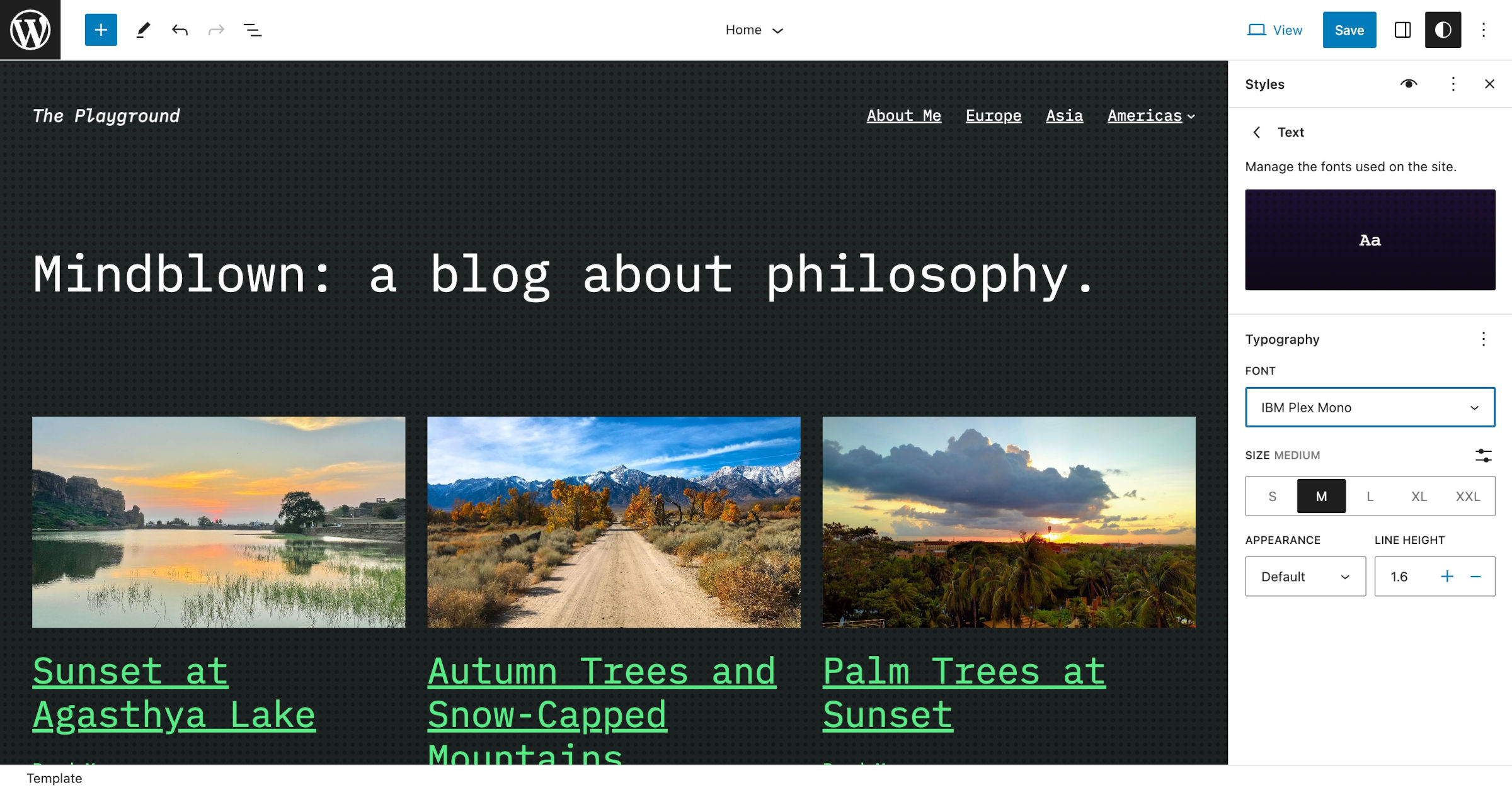 The WordPress site editor showing the homepage template with a dotted black background and a three-column grid of posts.