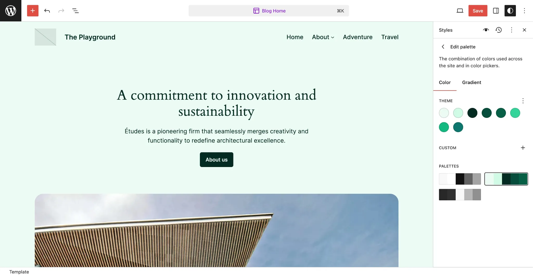 WordPress 站点编辑器，预览中显示主页。右侧侧边栏显示了一系列调色板。