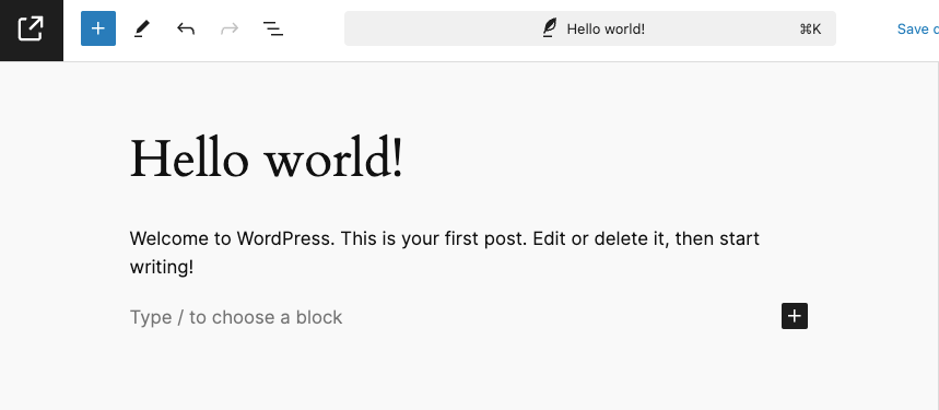 The edit post screen in fullscreen mode displaying an external link icon instead of the default W