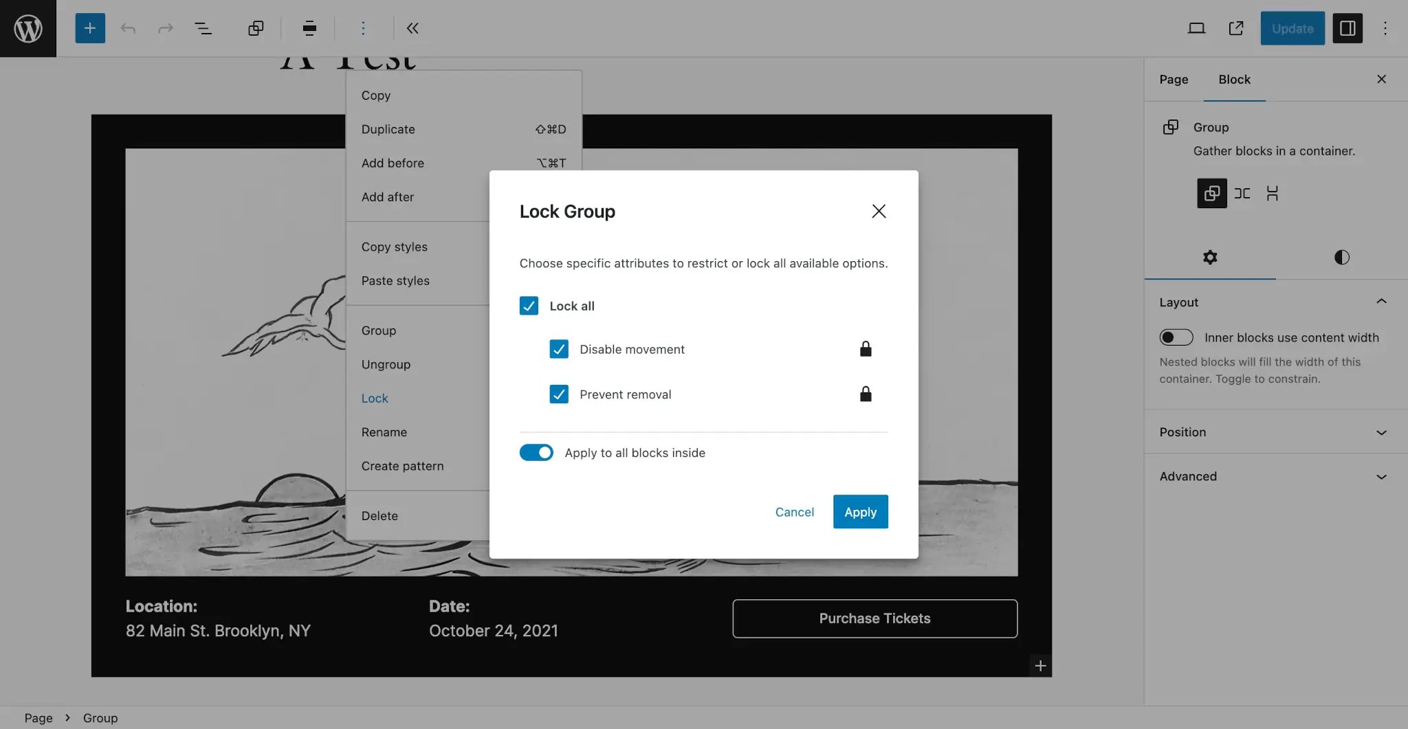 WordPress post editor with an event pattern inserted into the content area. A "Lock Group" modal overlays the screen with all locking options selected and applied to nested blocks.