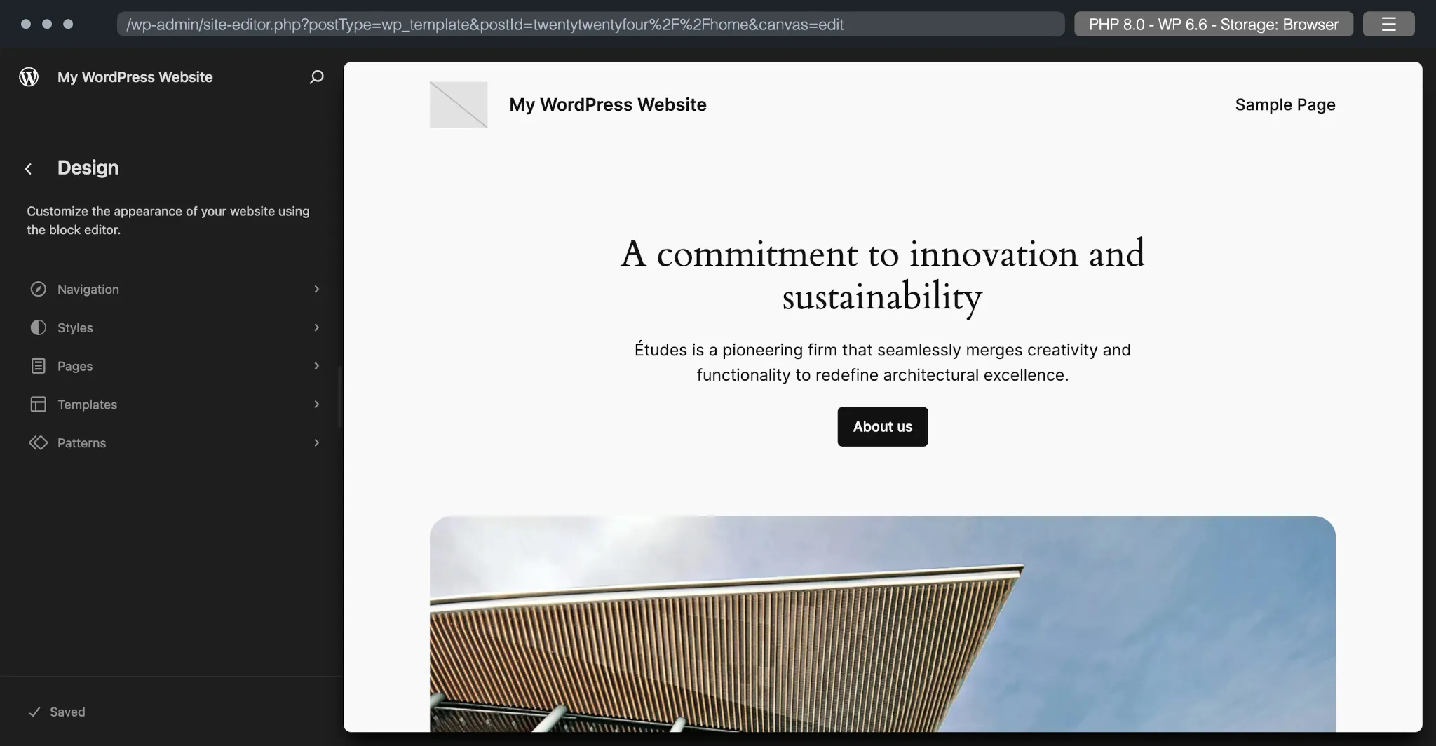 Playground 实例截图，显示 WordPress 后台的站点编辑器和预览画布。