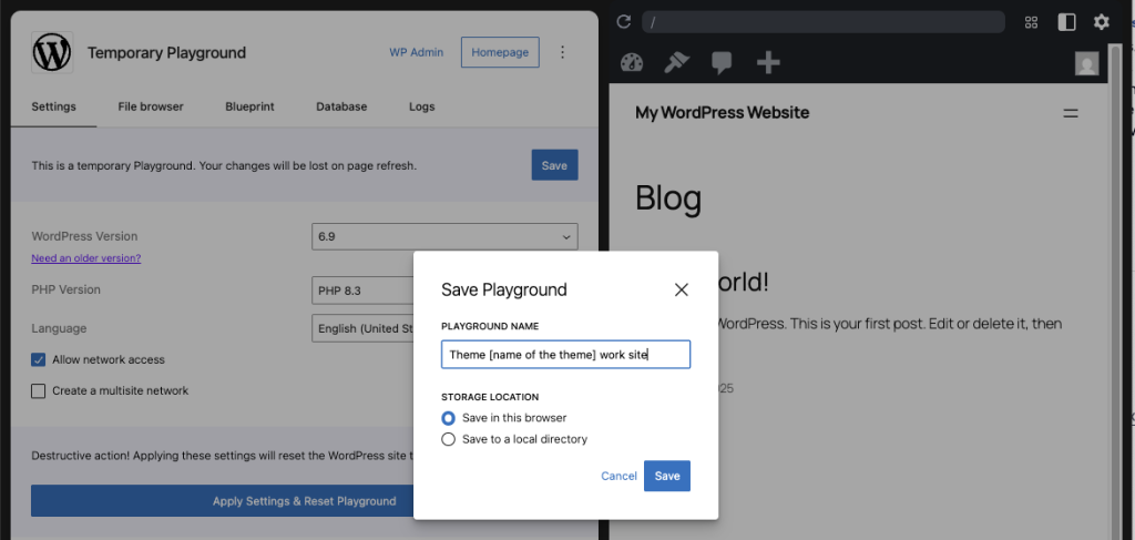 保存 Playground 实例的屏幕