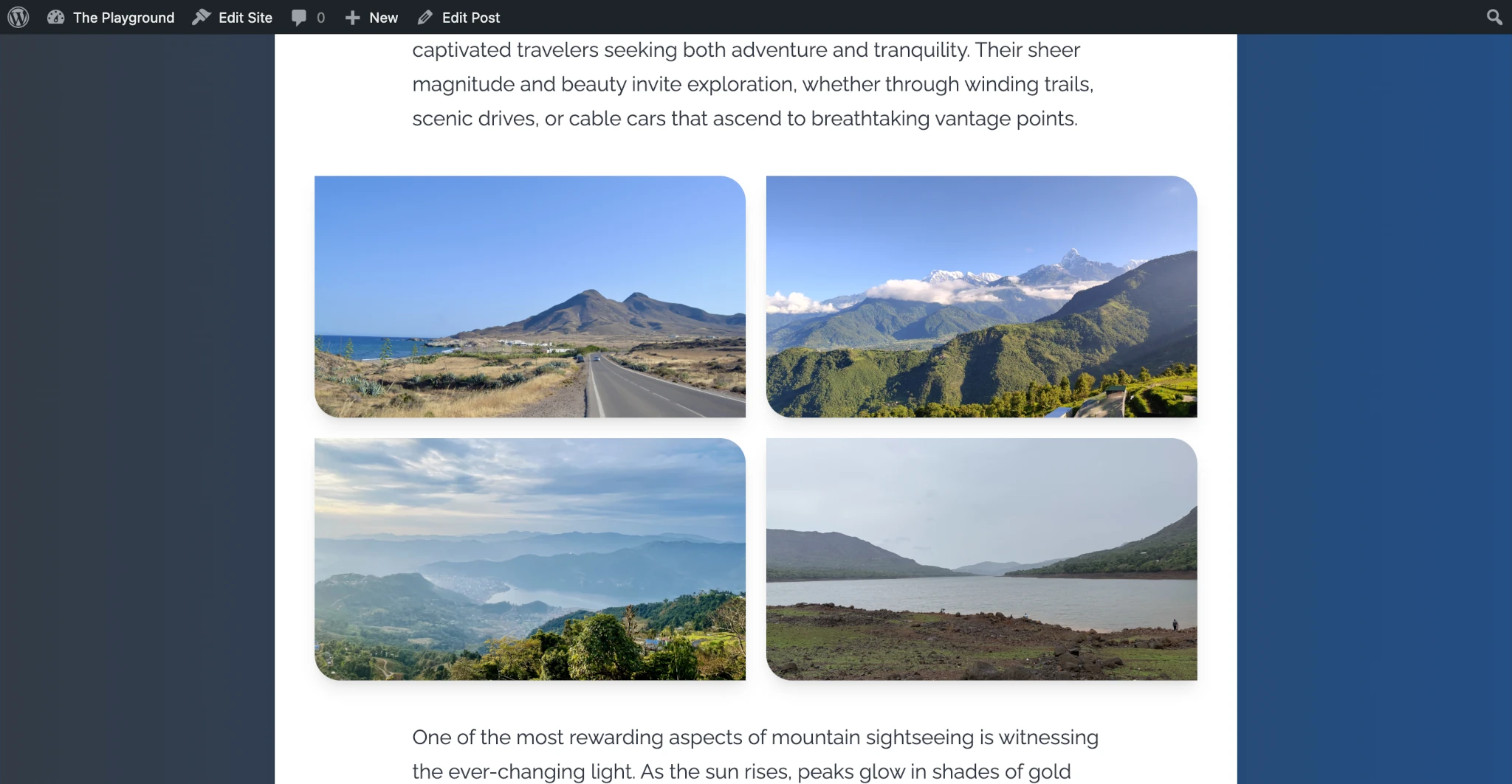 WordPress 网站上的单篇文章，包含四张图片，具有交替的直角和圆角。