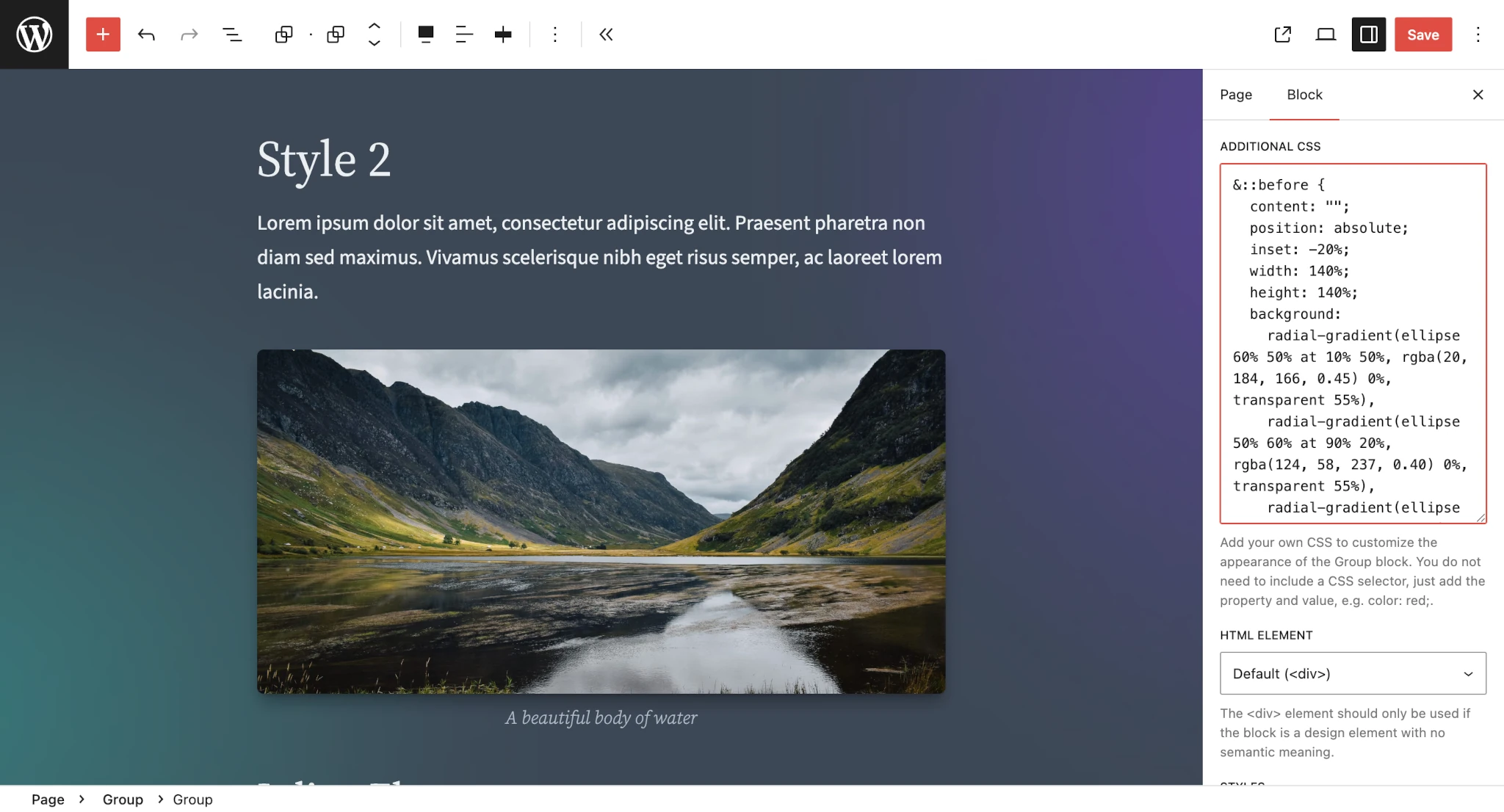 WordPress 文章编辑器，选中了一个群组区块。侧边栏中，一个“附加 CSS”框显示了许多自定义 CSS。