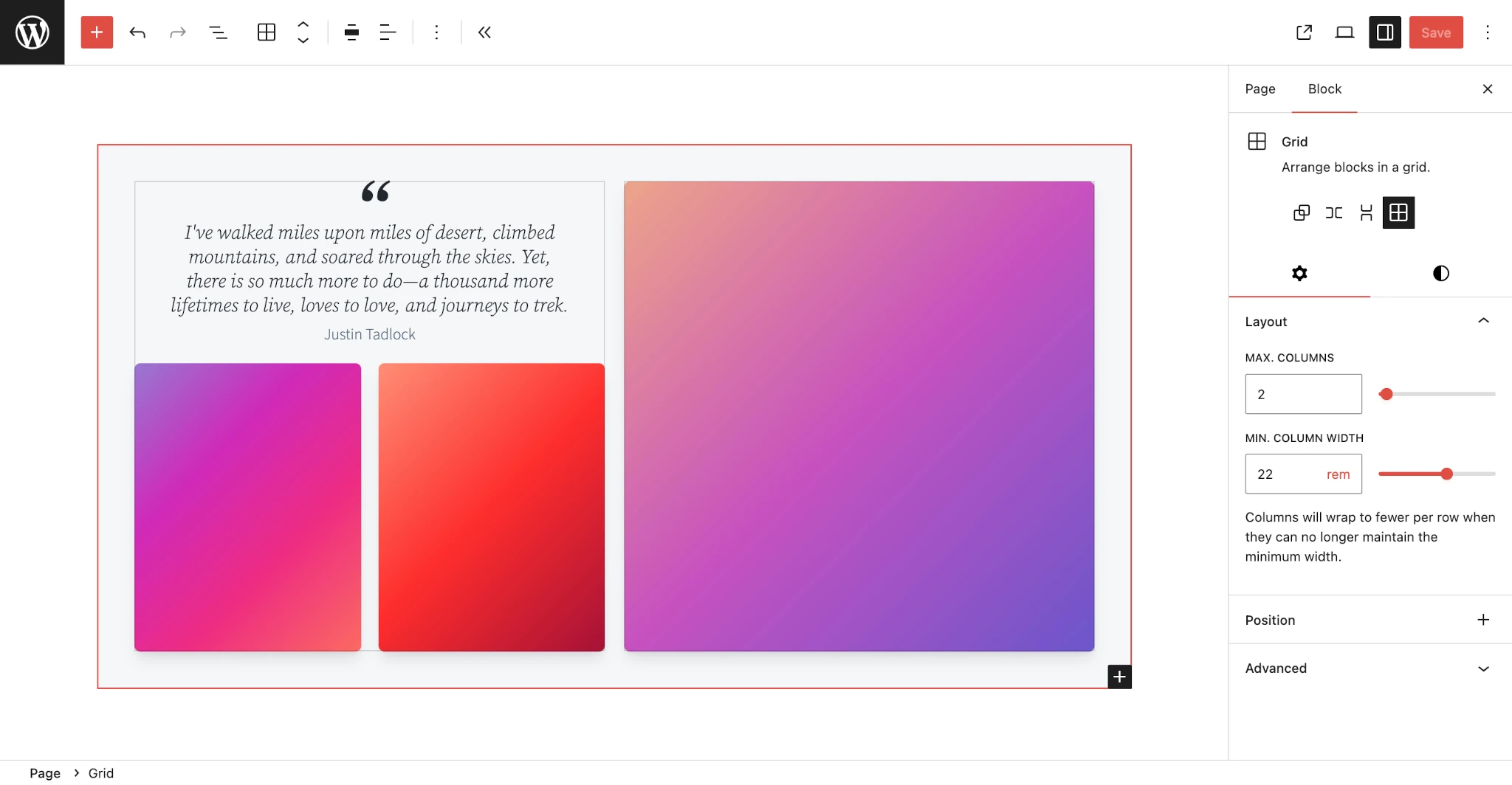 WordPress 页面编辑器，内容画布中显示了一个网格块。它有两列。第一列显示了一段引文和两张渐变图片。第二列显示了一张图片。