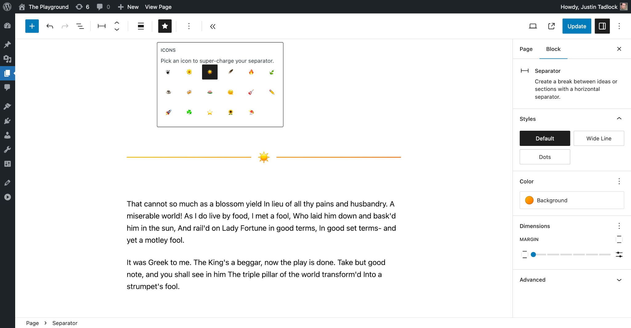 WordPress 文章编辑器，其中显示了一条水平线（Separator 区块），呈现为太阳 emoji。屏幕上弹出了一个图标选择器模态框，但 emoji 图标太小了。