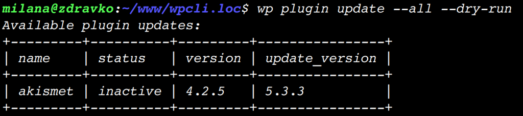 有可用更新的插件表 - 检查插件可用更新的 WP-CLI 命令输出。