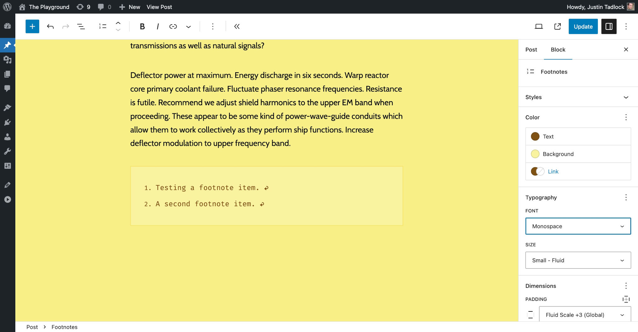 WordPress 文章编辑器，包含演示文本和脚注部分。