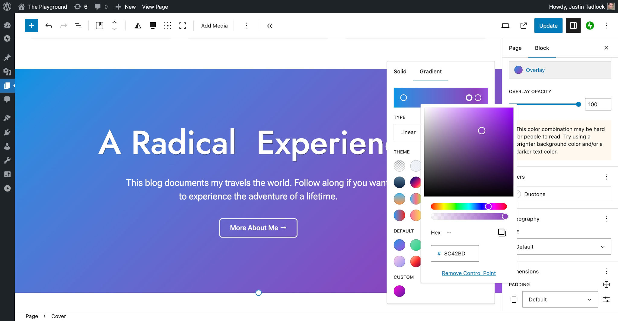 WordPress post editor with a Cover block shown. In the right sidebar, the gradient picker is open for the Overlay option.
