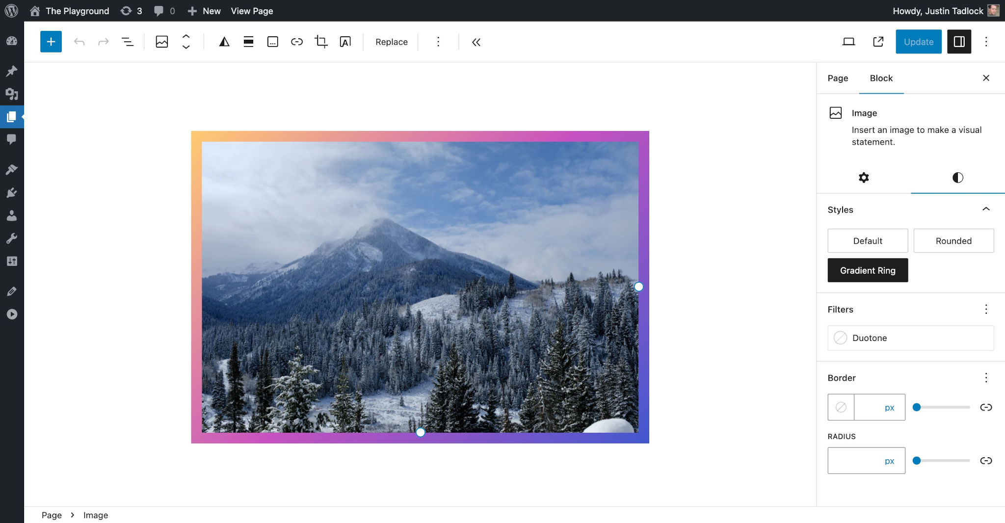 WordPress 文章编辑器内容画布中包含一幅山脉图片。图片带有橙色和紫色边框。