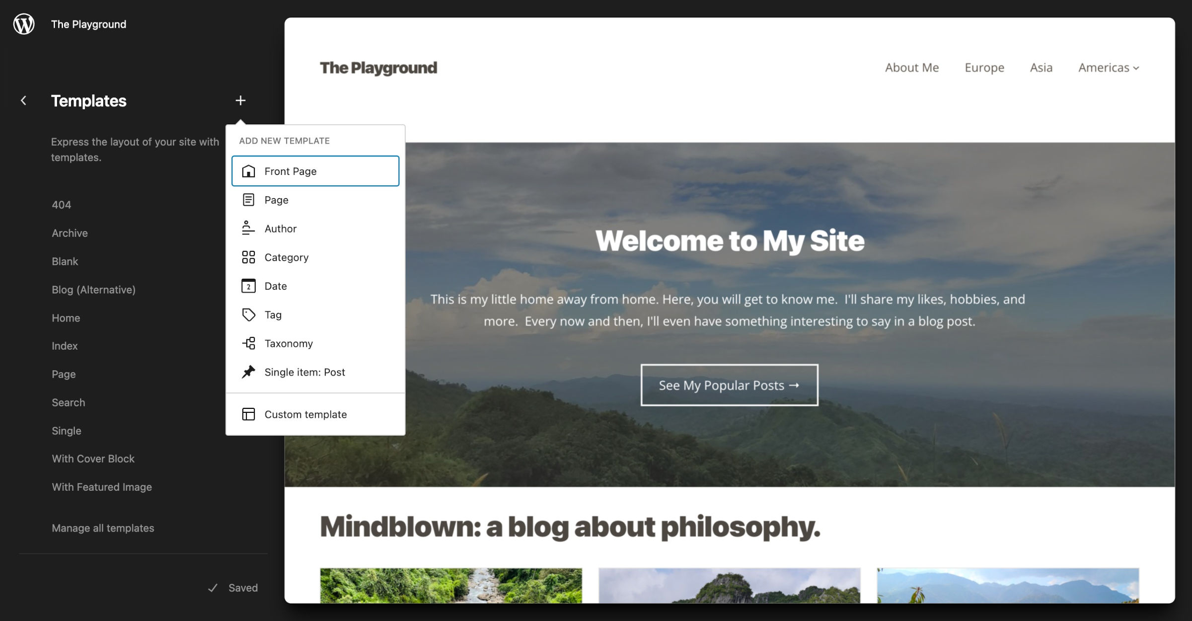 WordPress 站点编辑器，打开了“模板”侧边栏。有一个“添加新模板”的弹出窗口，其中选择了“首页”。