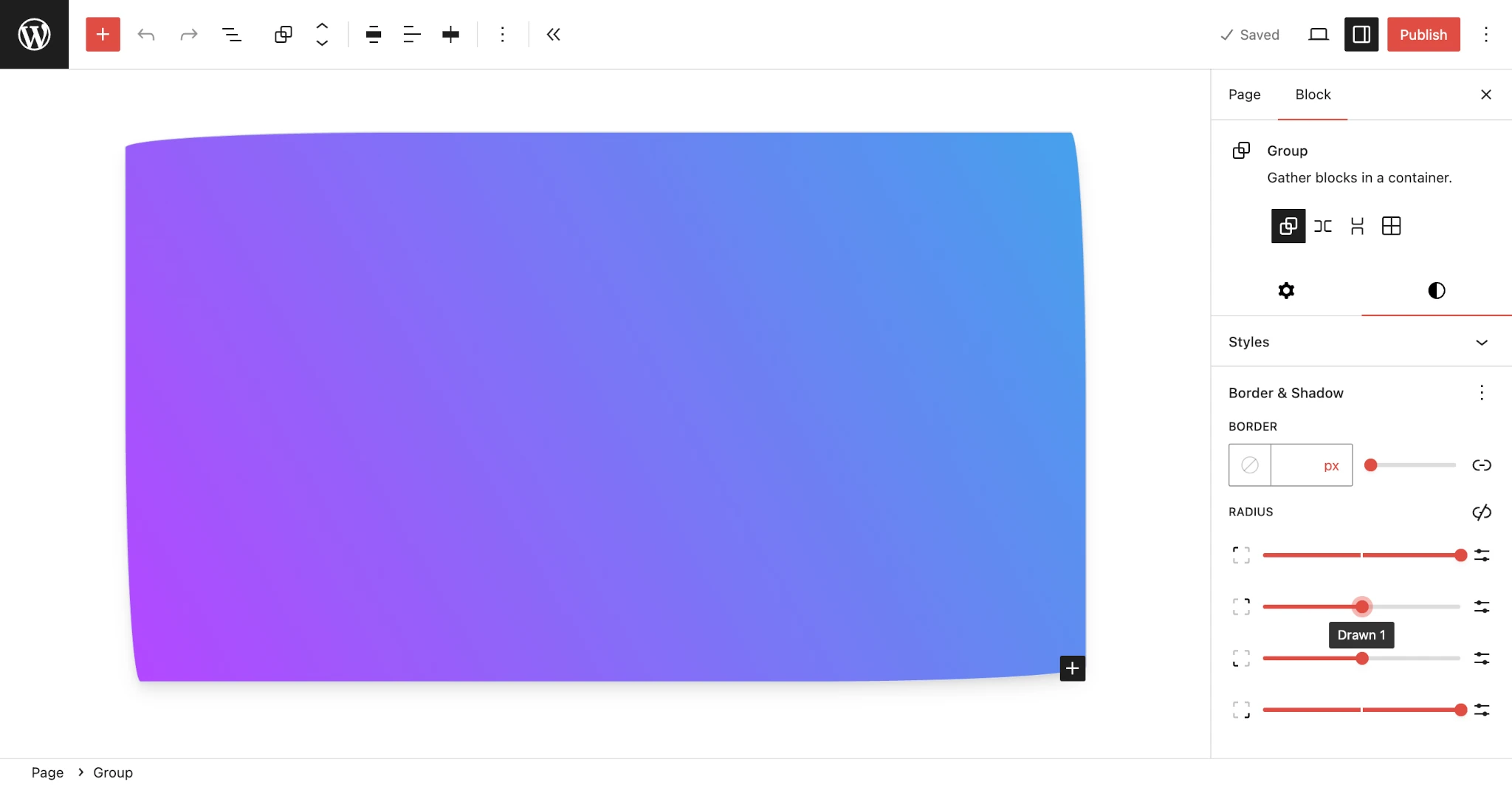 WordPress 文章编辑器，其中有一个具有渐变背景的 Group 区块。它有完全弯曲的角，看起来像手绘的。右侧边栏定义了多个边框圆角。