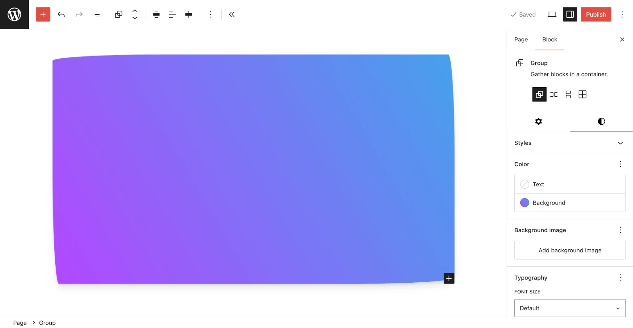 WordPress 文章编辑器，其中有一个具有渐变背景的 Group 区块。它有完全弯曲的角，看起来像手绘的。