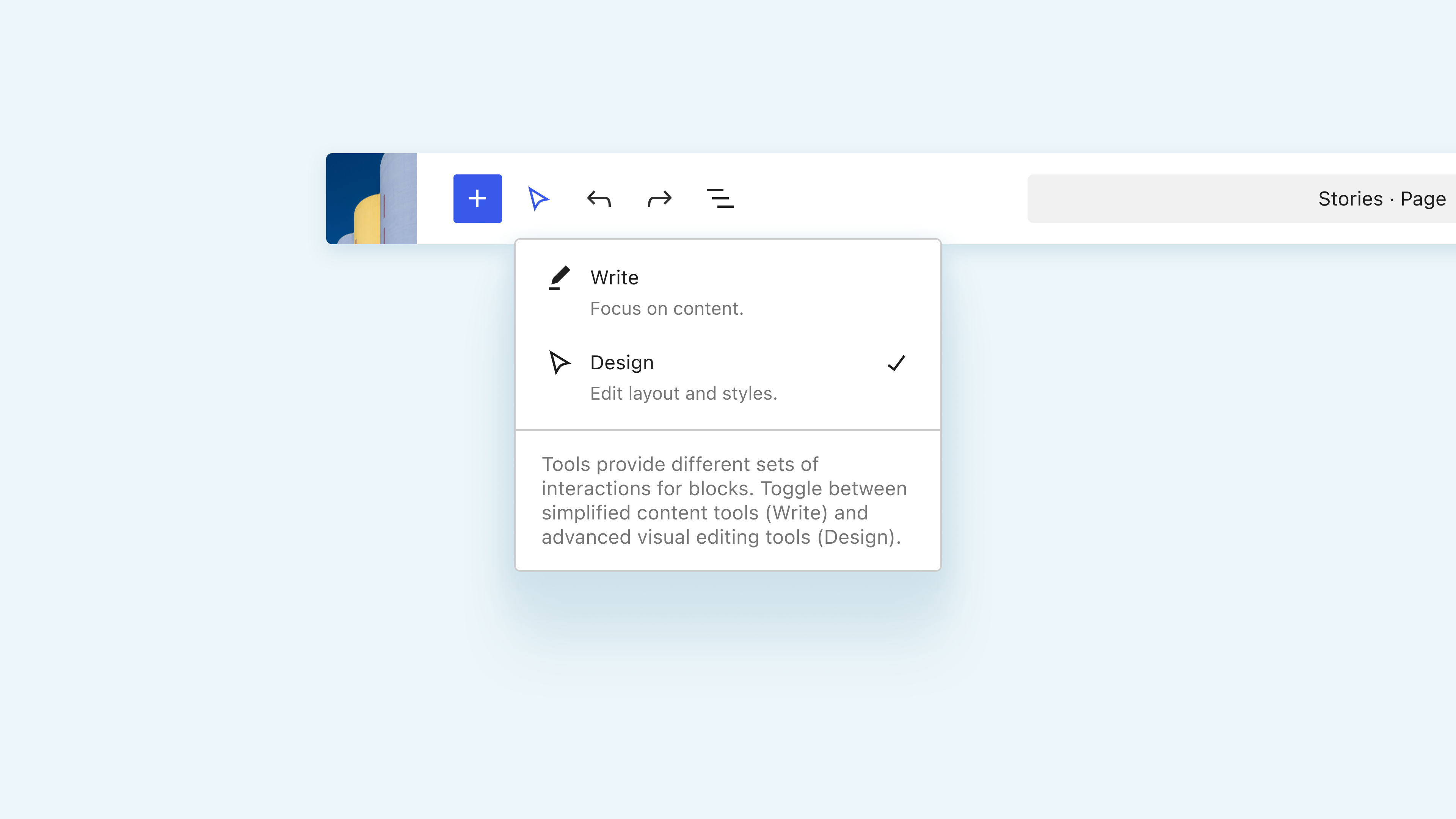 在 Gutenberg 19.4 中切换写作和设计模式。