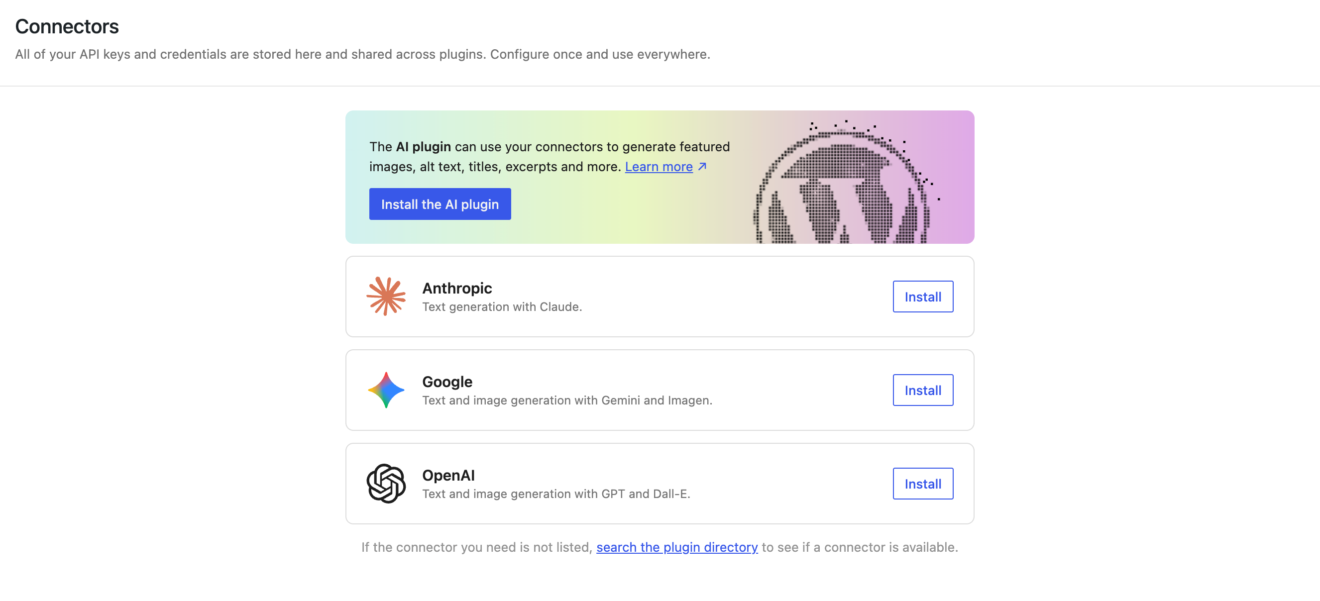 显示新连接器页面的 WordPress 仪表盘