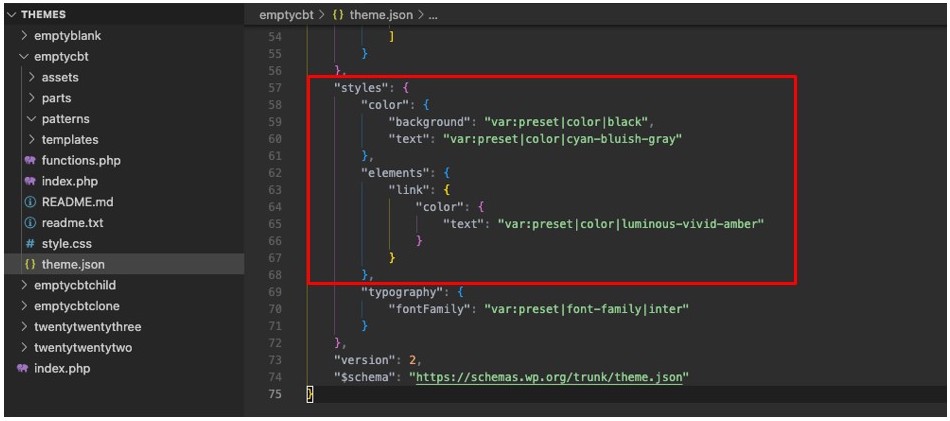 显示带有更新样式的 theme.json 文件的截图