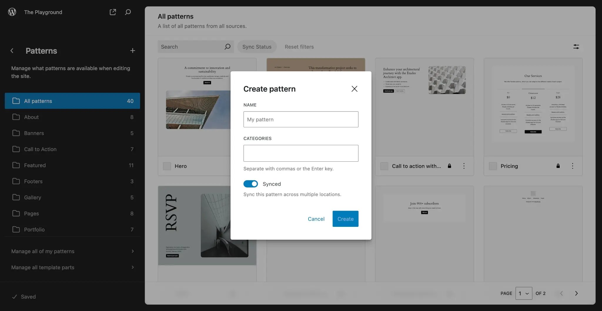 WordPress pattern library with the "Create pattern" modal overlaying the screen. It has name, categories, and synced fields.