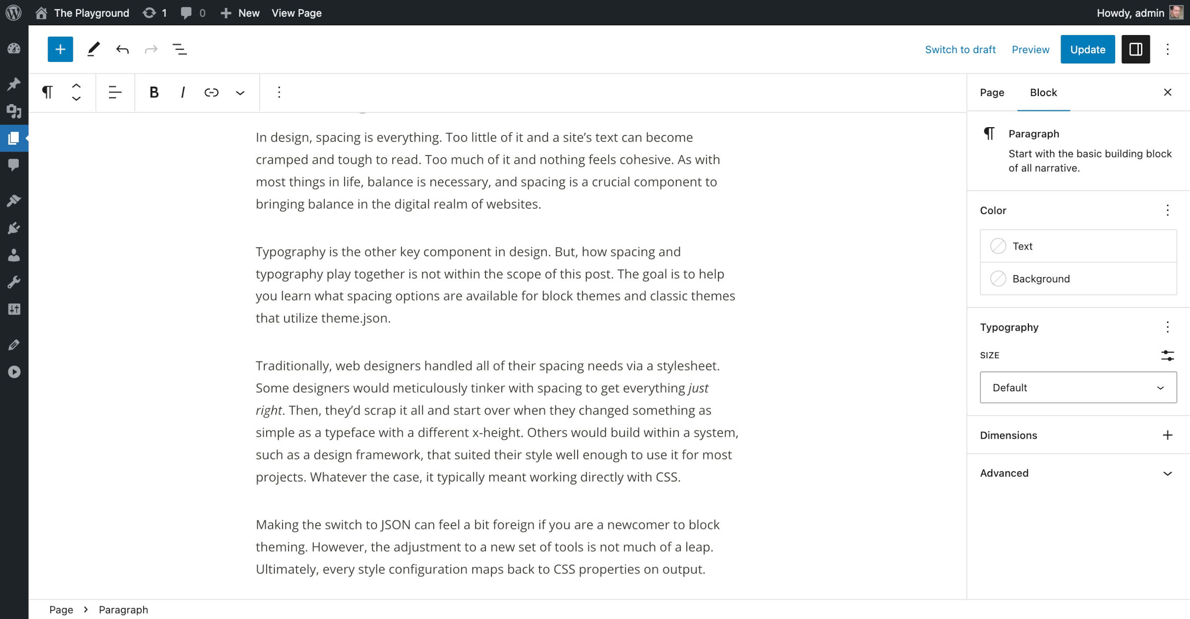 WordPress 文章编辑器，包含几段示例文本。