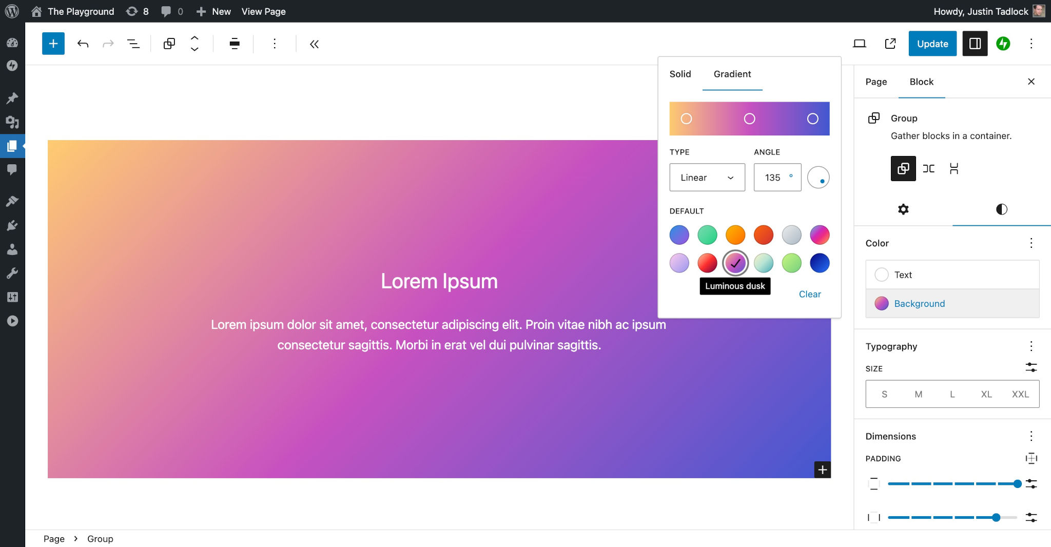 WordPress post editor with a Group block and a purple and orange background gradient selected.