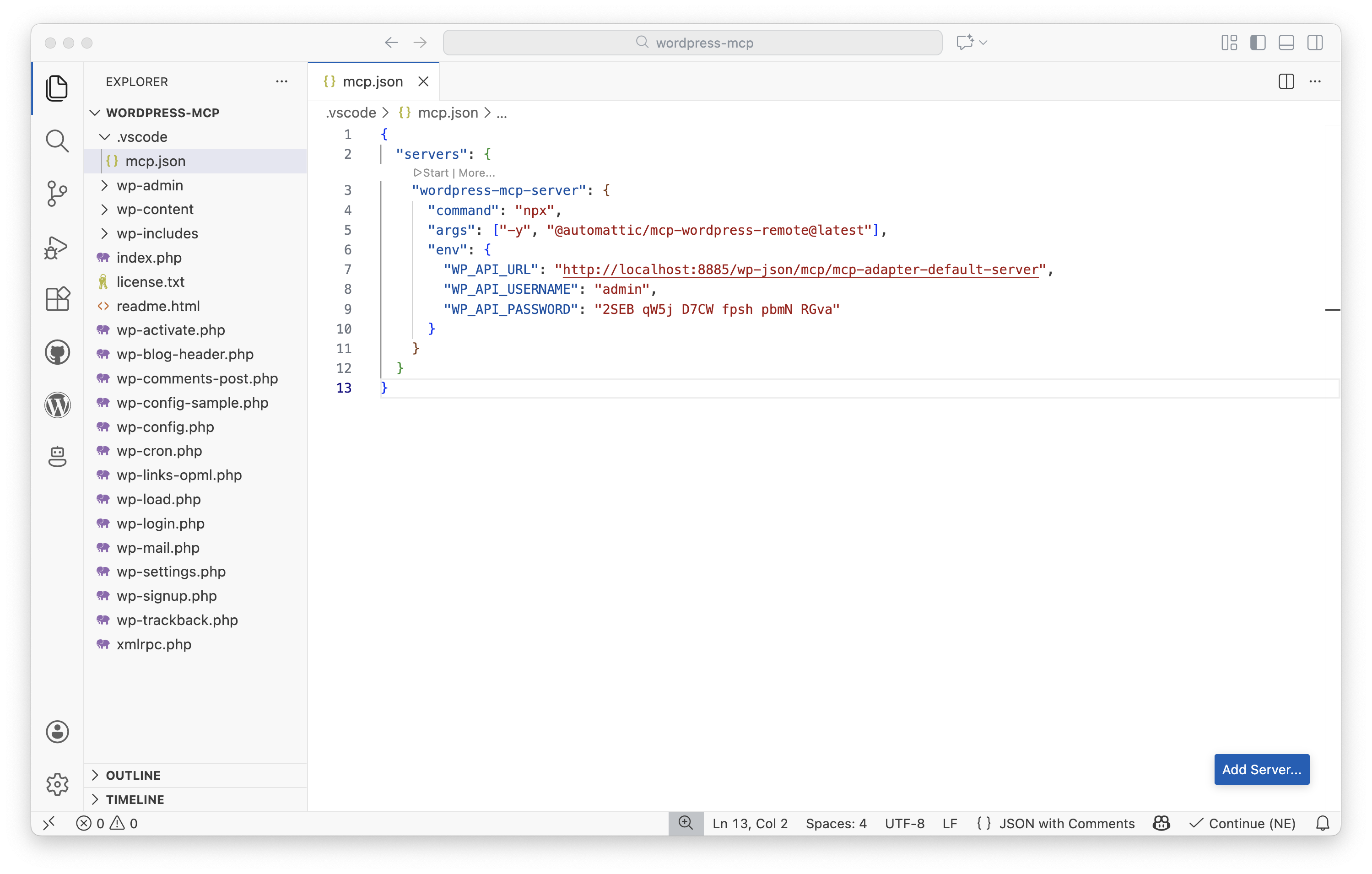 VSCode mcp.json文件，包含WordPress MCP服务器的MCP JSON配置。