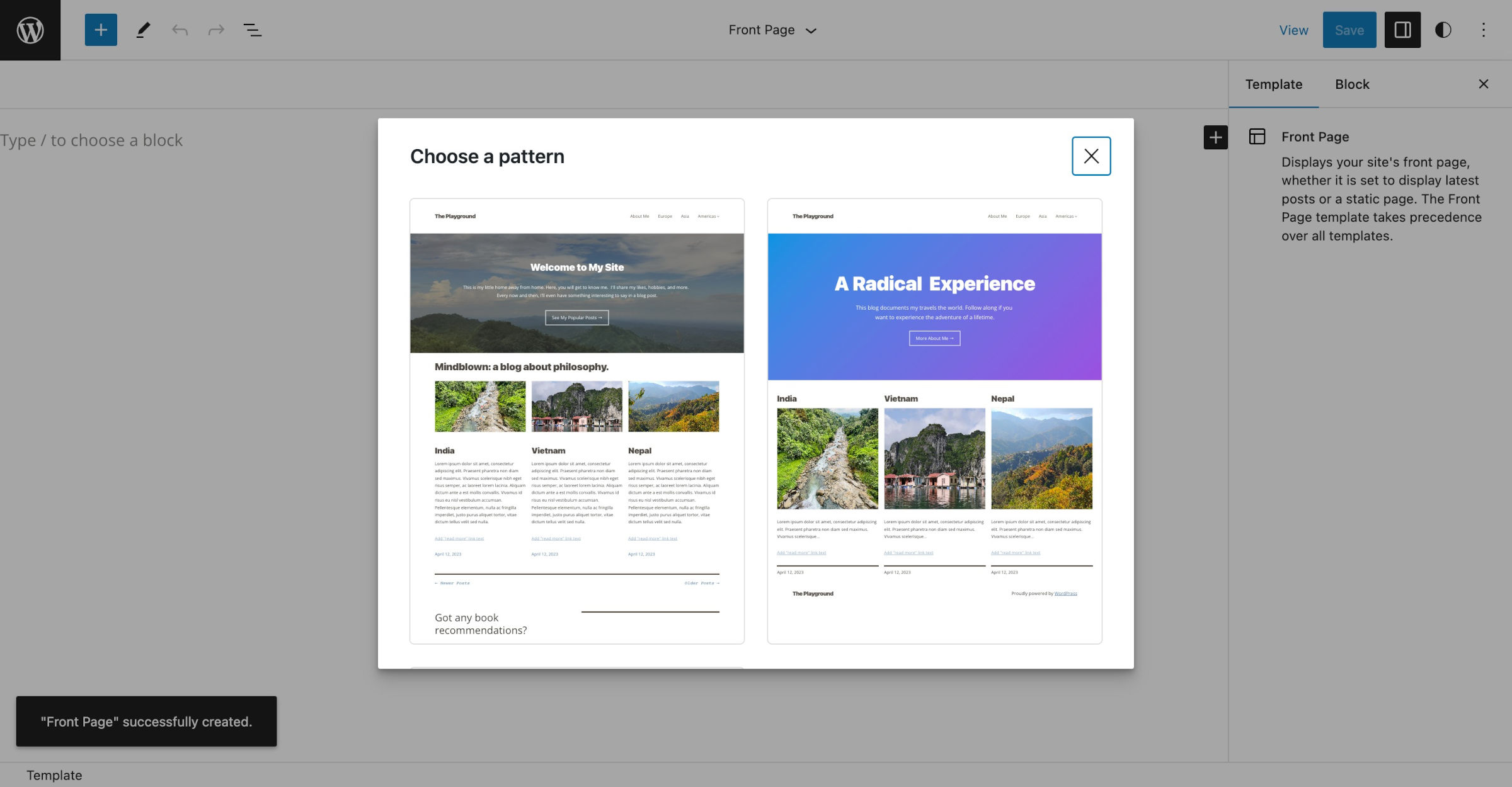 WordPress 站点编辑器，打开了首页模板，内容区域为空。有一个弹出模态窗口覆盖在页面上，有两个模式可供选择。