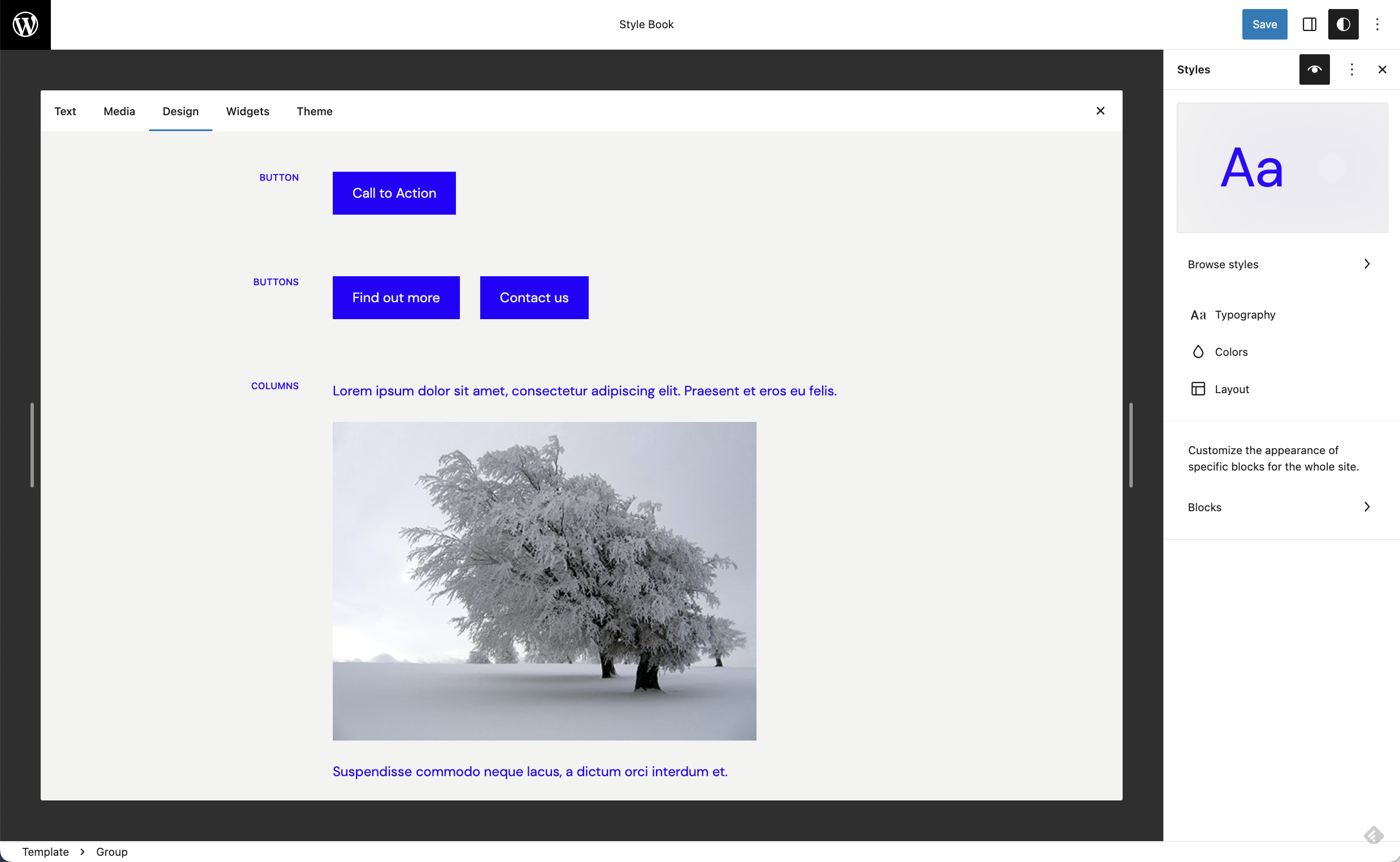 WordPress 站点编辑器，样式书已打开，展示浅色设计。