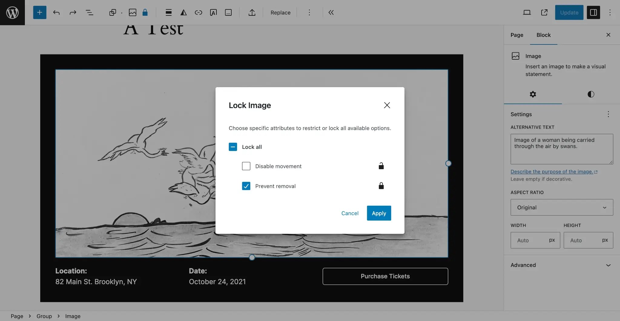 WordPress post editor with an event pattern inserted into the content area. A "Lock Image" modal overlays the screen with the "Prevent removal" option selected.